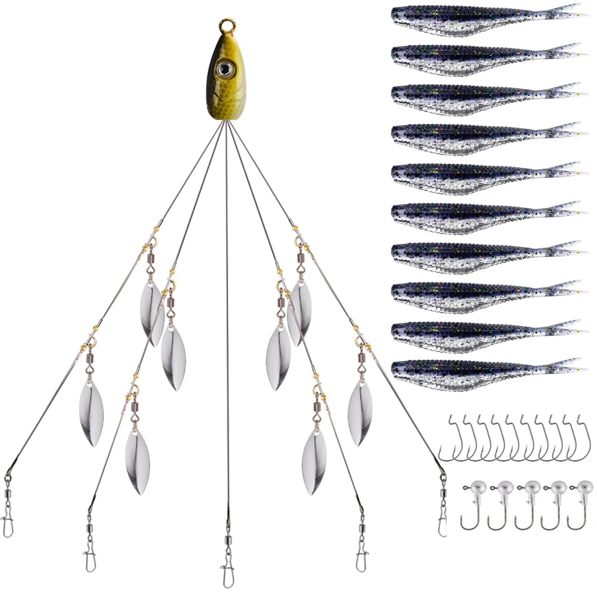 XhuangTech Przynęty Alabama Rig, 5 ramion Alabama Parasol Rig z miękkim ogonem wiosłowym do pływania przynęta basowa haczyk na szczupak / pstrąg / Crappie w słodkiej lub słonej wodzie
