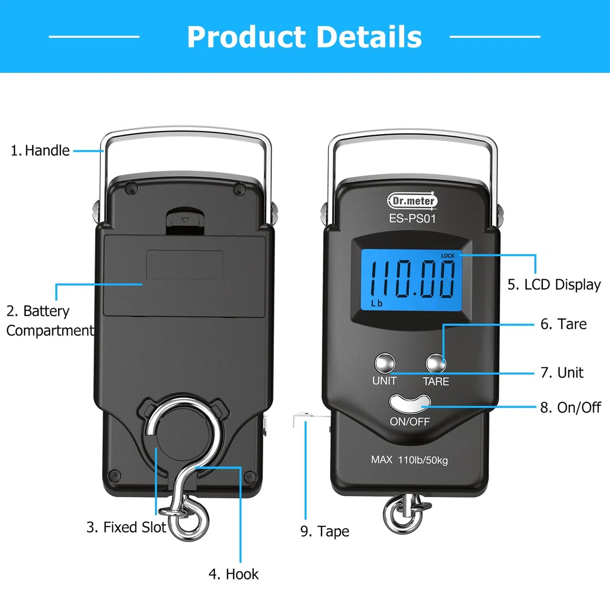 Dr.meter Waga wędkarska (PS01), waga wisząca, 50 kg, waga wędkarska z podświetlanym wyświetlaczem LCD, zintegrowana taśma miernicza, przenośna cyfrowa waga bagażowa z haczykiem, 2 baterie AAA, prezent
