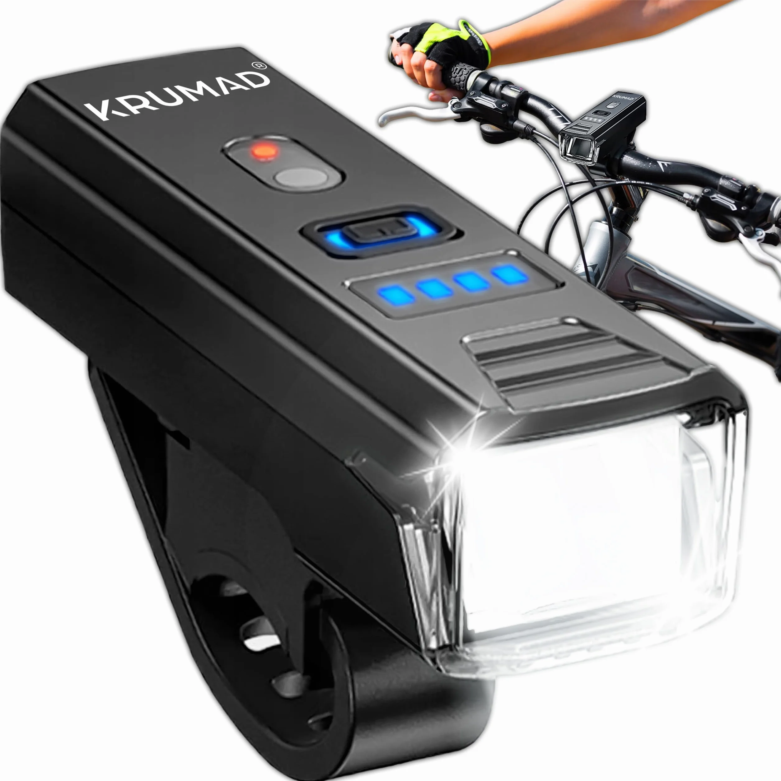 KRUMAD Lampka rowerowa LED, 5 trybów świecenia z czujnikiem zmierzchu, USB-C akumulator, wodoodporna IPX4, przednie światło rowerowe do 200 m, akcesoria rowerowe, kolor czarny