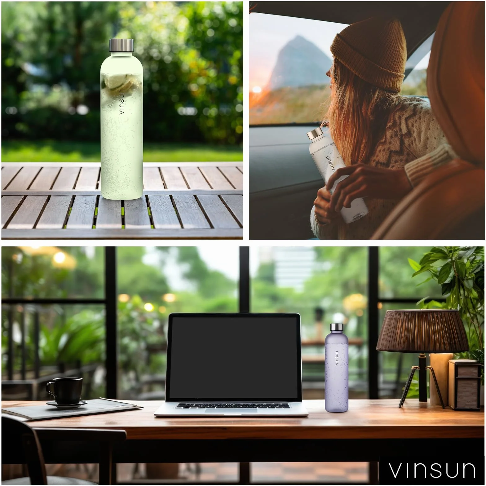 Vinsun Butelka sportowa 1 l, szara, bez BPA, szczelna, ekologiczna, wielokrotnego użytku, na rower, wędrówki, w podróż, fitness, do pracy, szkoły