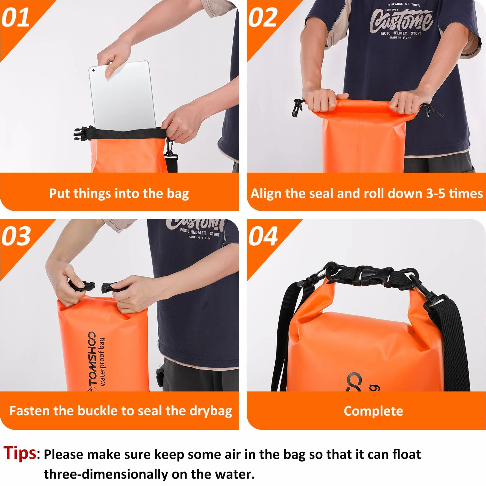 TOMSHOO Dry Bag Set, Wodoodporny Plecak 10L/20L z Wodoodpornym Pokrowcem i Kieszeń na Telefon Komórkowy, Regulowany Pasek na Ramię, Wodoodporny Plecak na Spływy Kajakowe, 10L, Pomarańczowy