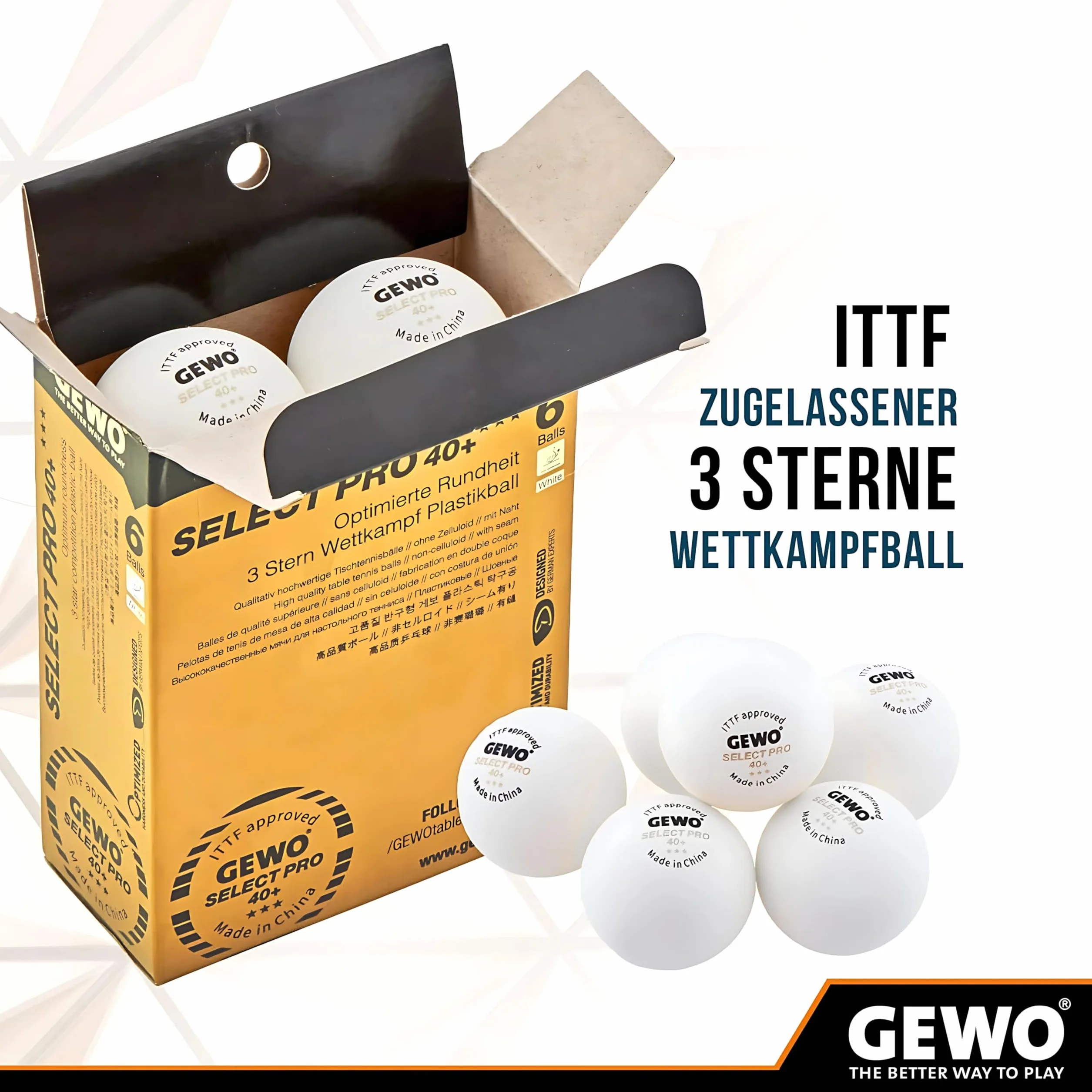 GEWO Select PRO piłki do tenisa stołowego – 3 gwiazdki z tworzywa sztucznego, 40+ ze szwem – certyfikowane przez ITTF piłki do tenisa stołowego – wysokiej jakości profesjonalne piłki do tenisa