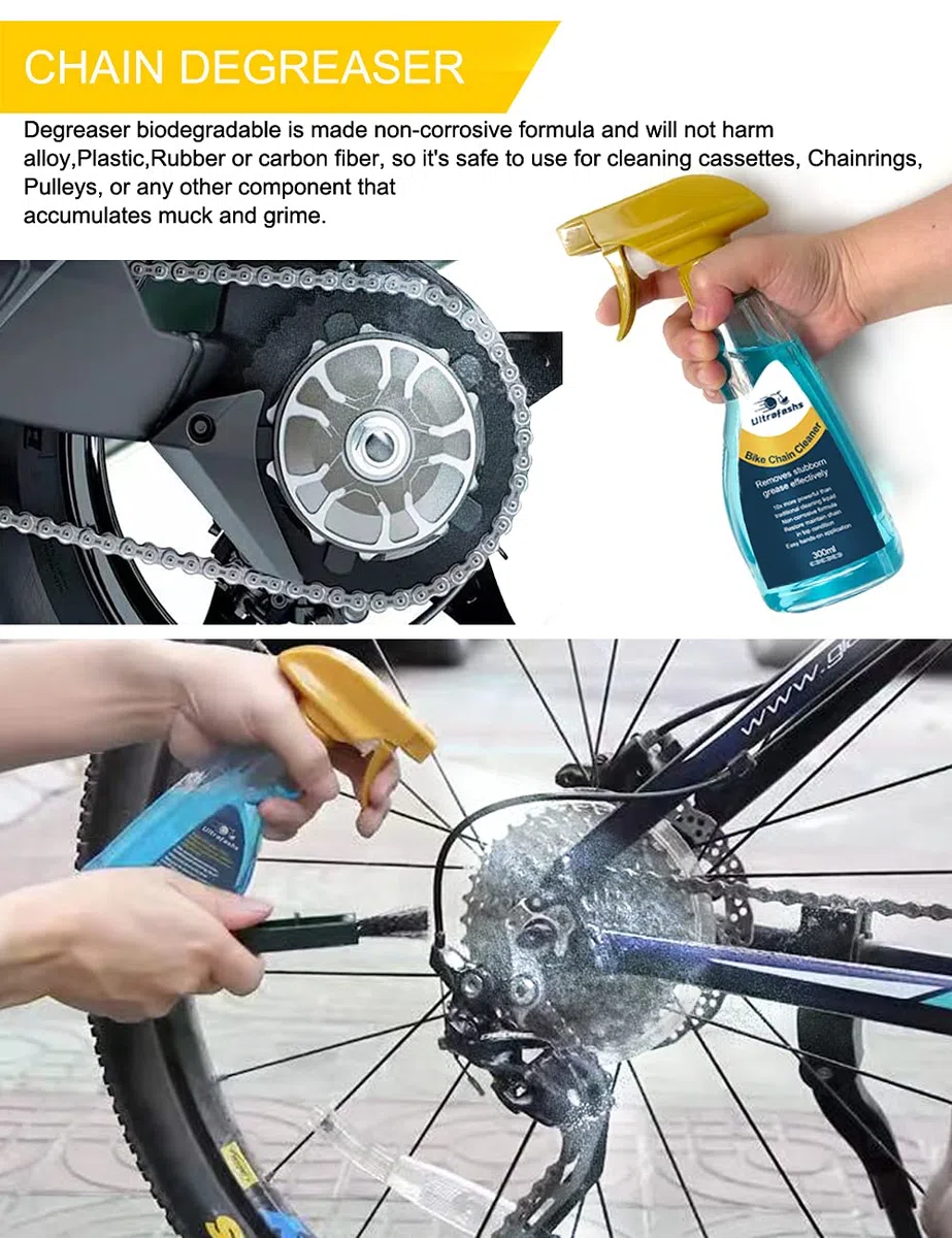 Zestaw smarów do czyszczenia łańcucha rowerowego z odtłuszczeniem roweru, smarem na mokro, skrobak łańcucha do czyszczenia łańcuchów rowerowych, tylne zębatki, łańcuchowe. Olej rowerowy (60ml), odtłuszczacz (300ml).