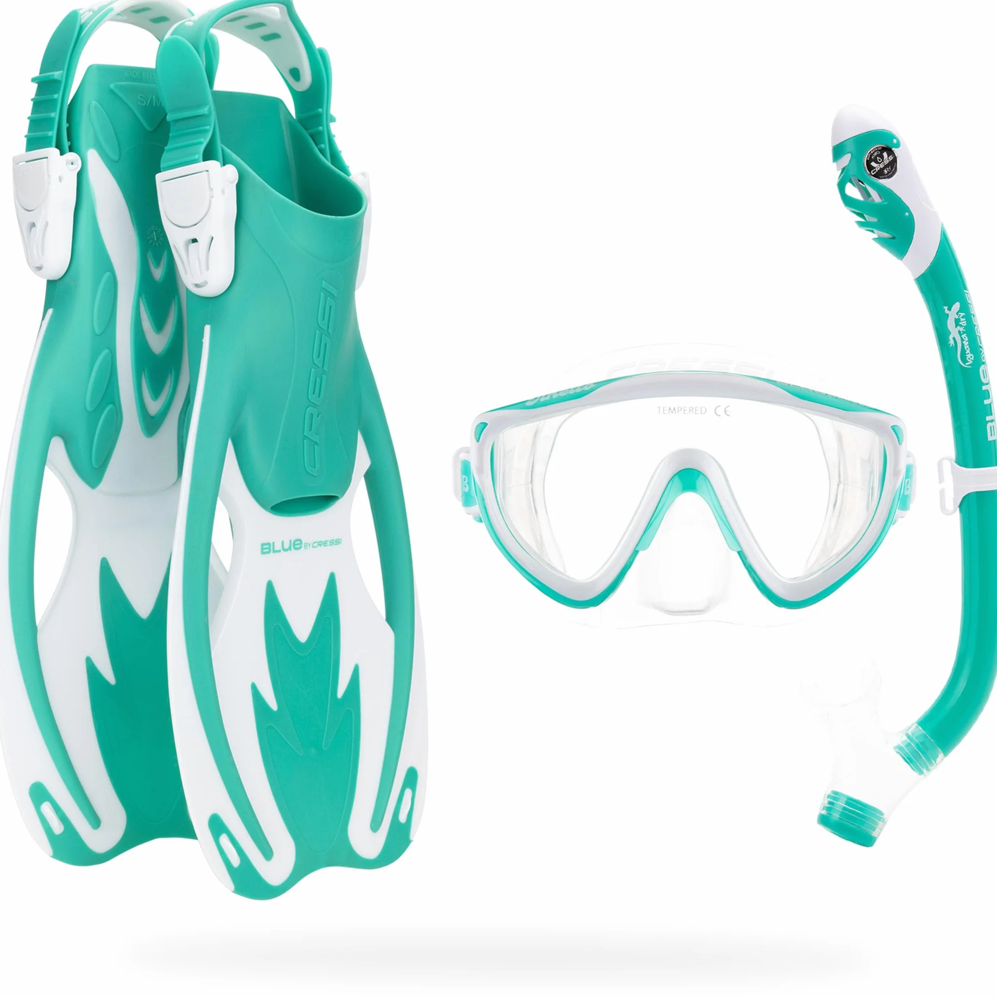 CRESSI Tinetto Rocks Dry Set Blue Navy/Ice Cyan L/XL - Kids Snorkeling Set Short Adjustable Fins, Silicone Mask, and Dry Snorkel, Blue Navy/Ice Cyan, L/XL