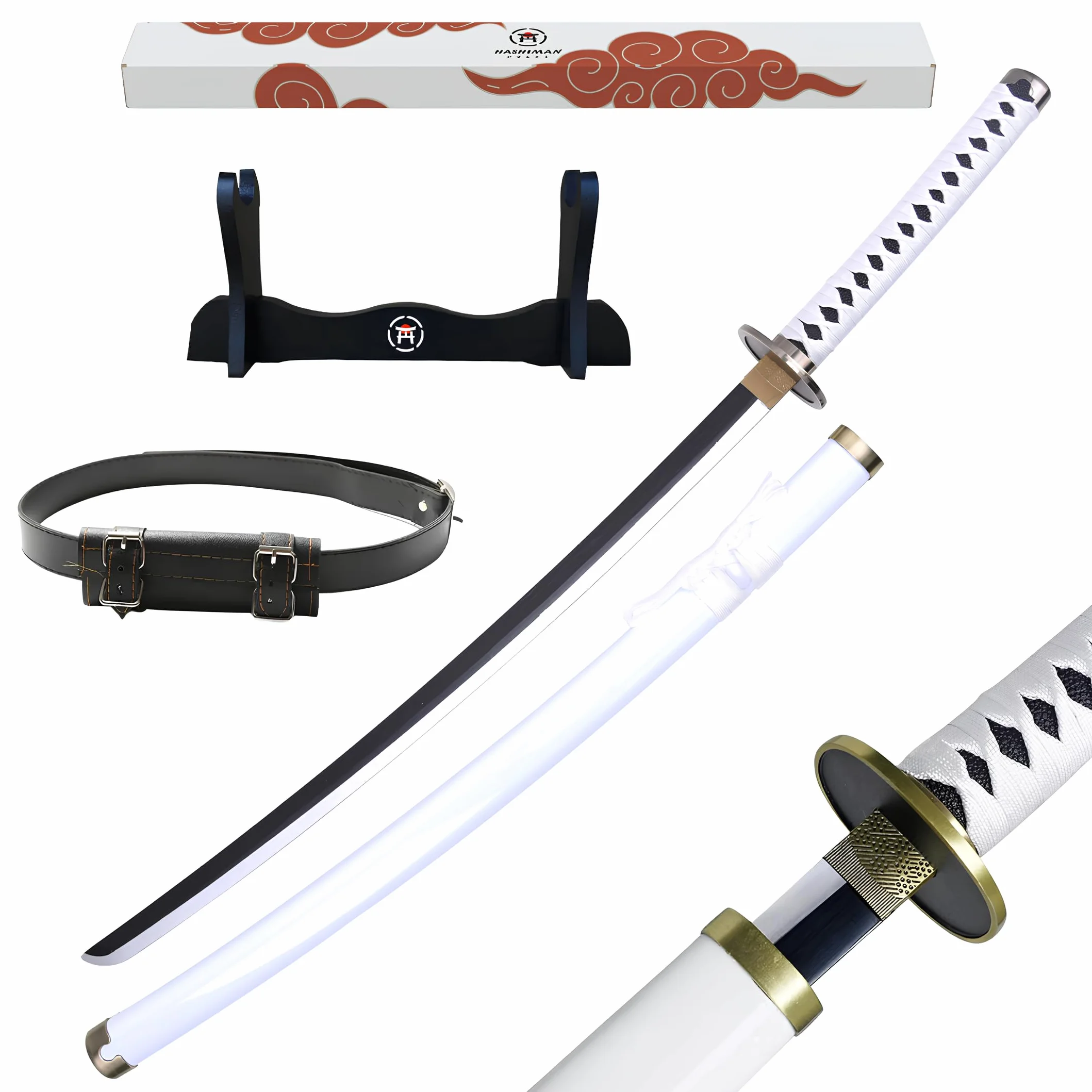 Katana One Piece – miecz manga + uchwyt na miecz drewniany + pasek – Samuraj Catana Cosplay Anime - drewniany miecz dla dzieci i dorosłych – dekoracyjny kostium ninja szabla