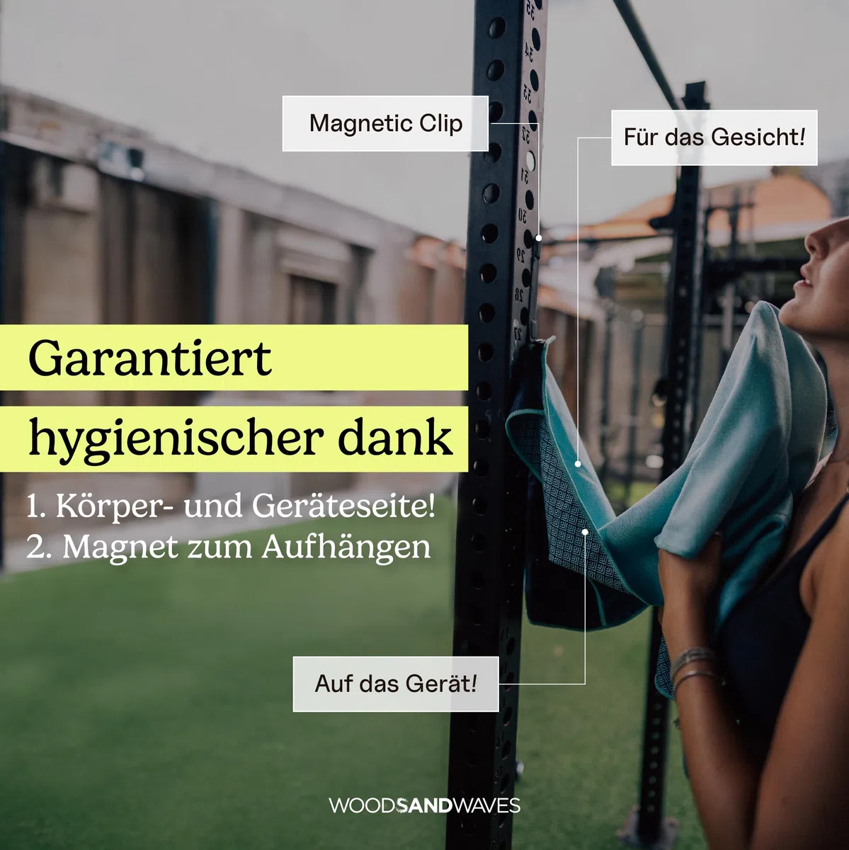WOODSANDWAVES Ręcznik sportowy do siłowni z zamkiem błyskawicznym i torbą z magnesem – szybkoschnący i antypoślizgowy – ręcznik z mikrofibry do fitness, sportu, siłowni – ręcznik do siłowni i