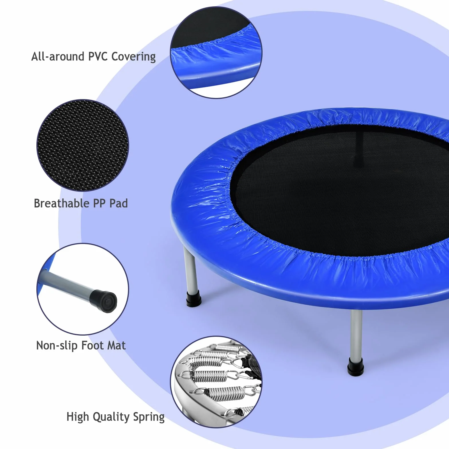 KOMFOTTEU Mini trampolina Ø96 cm, składane elastyczne łóżko fitness, trampolina dla dzieci o pojemności 150 kg, z antypoślizgowymi stopami do treningu wewnątrz i na zewnątrz