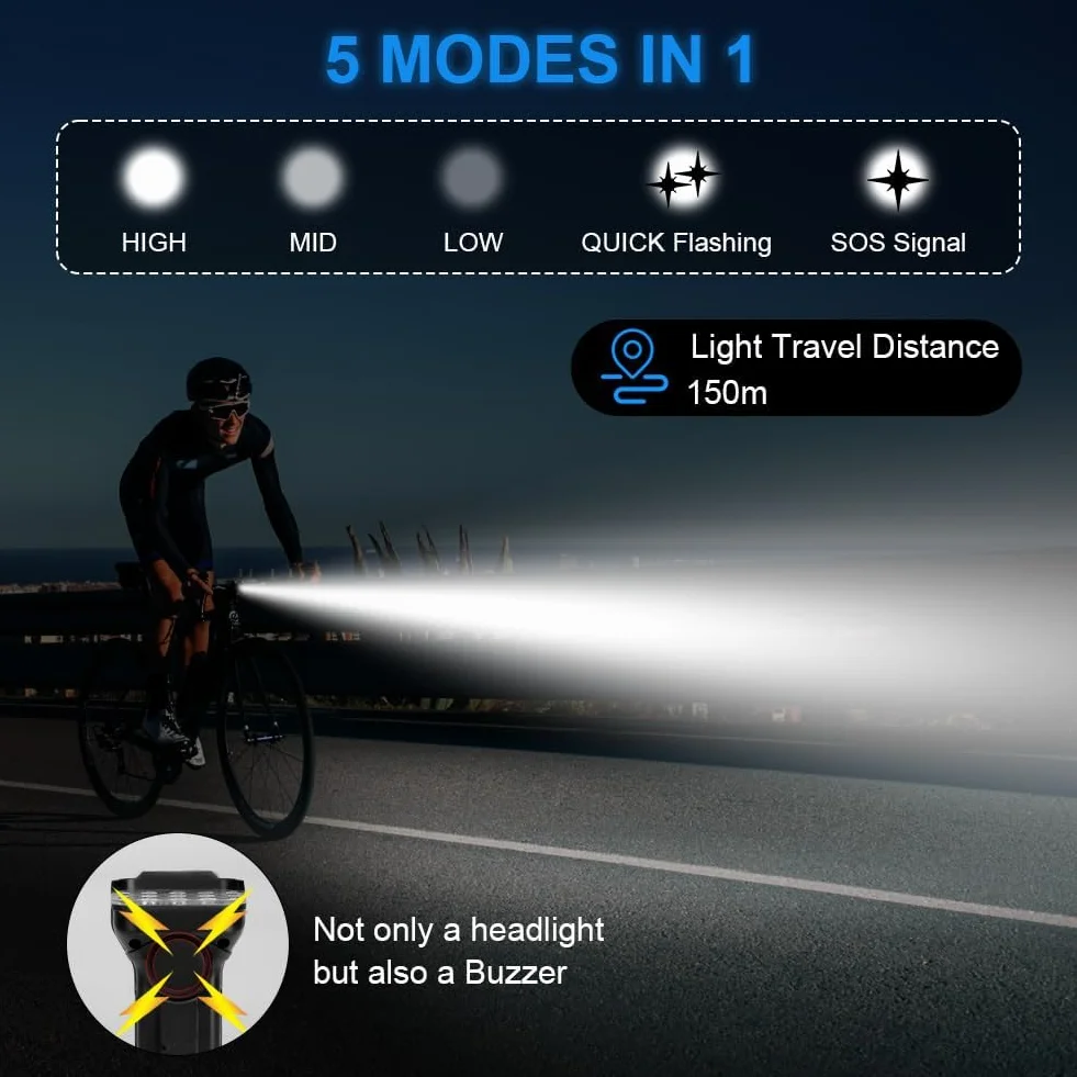 URAQT 12LED Światła rowerowe przednie i tylne, z akumulatorem, wodoodporne, IP65, 1800 mAh, 9500 l, światło rowerowe, 6+5 trybów, światło przednie z brzęczykiem, do jazdy na rowerze górskim i szosowym