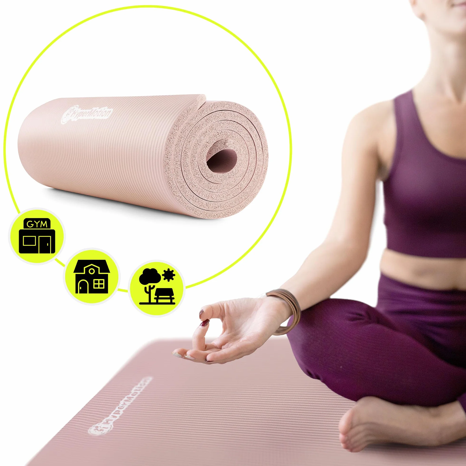 HyperMotion Mata do Ćwiczeń Fitness i Jogi NBR 183x61x1,5 cm Brudny Róż, Antypoślizgowa 15 mm, z Paskiem do Ćwiczeń i Przenoszenia, Gruba Mata do Jogi, Pilates i Stretchingu