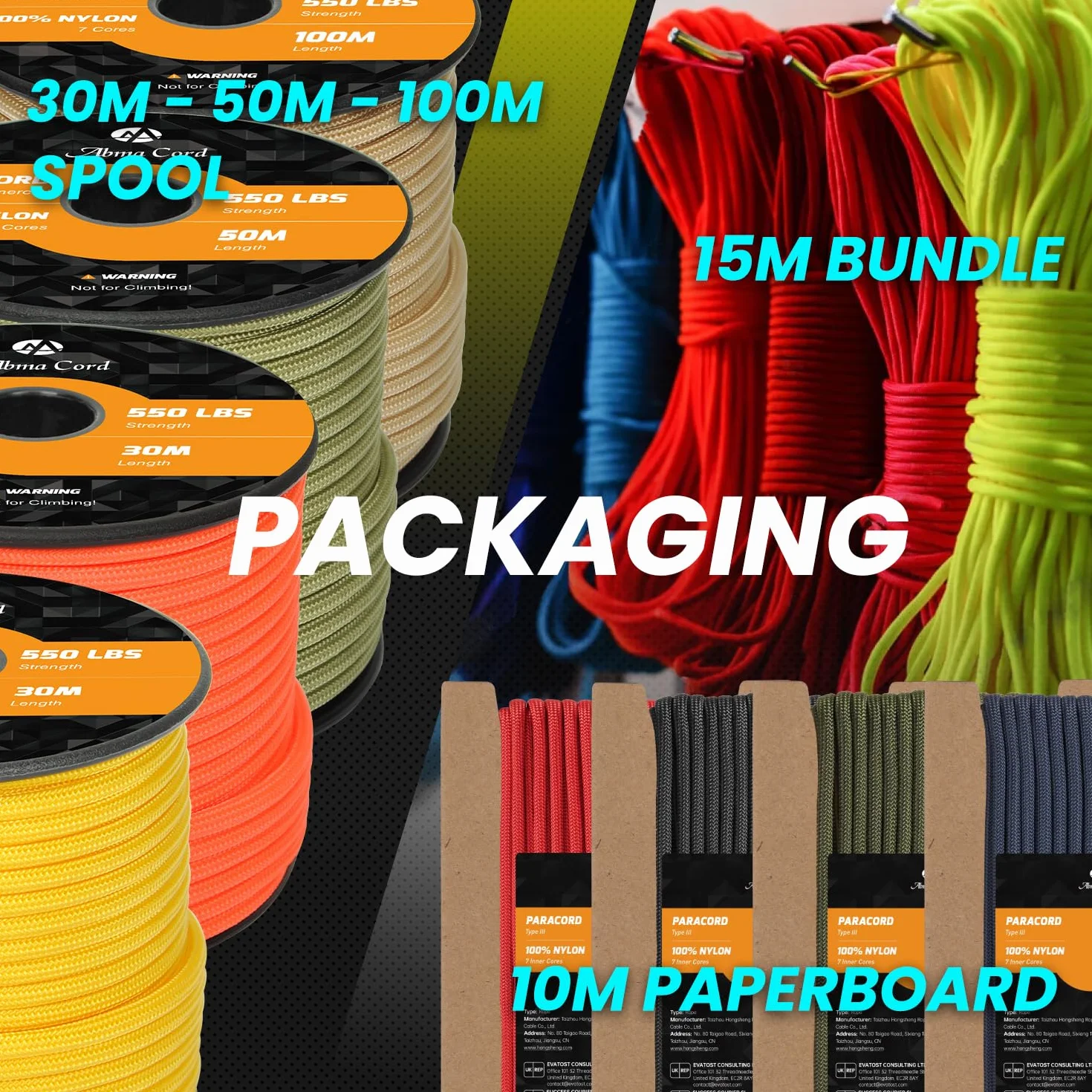 Abma Cord Paracord 550 4mm 100m 100% Nylonowa Sznurek Linka Typ III 7-żyłowa do Biwakowania, Majsterkowania, Zewnątrz, Survivalowy - Max. 250kg (550lb) - Czarny