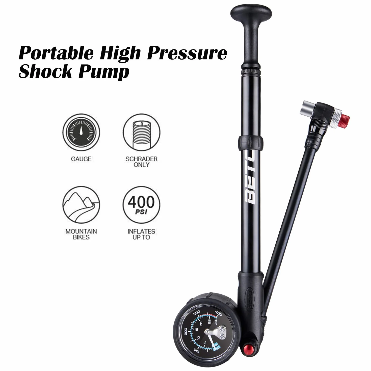 BETO Wysokociśnieniowa pompa wstrząsowa – (400 PSI Max) pompa amortyzacyjna do roweru MTB do zawieszenia widelca i tylnego zawieszenia z bezstratnym zaworem Schradera