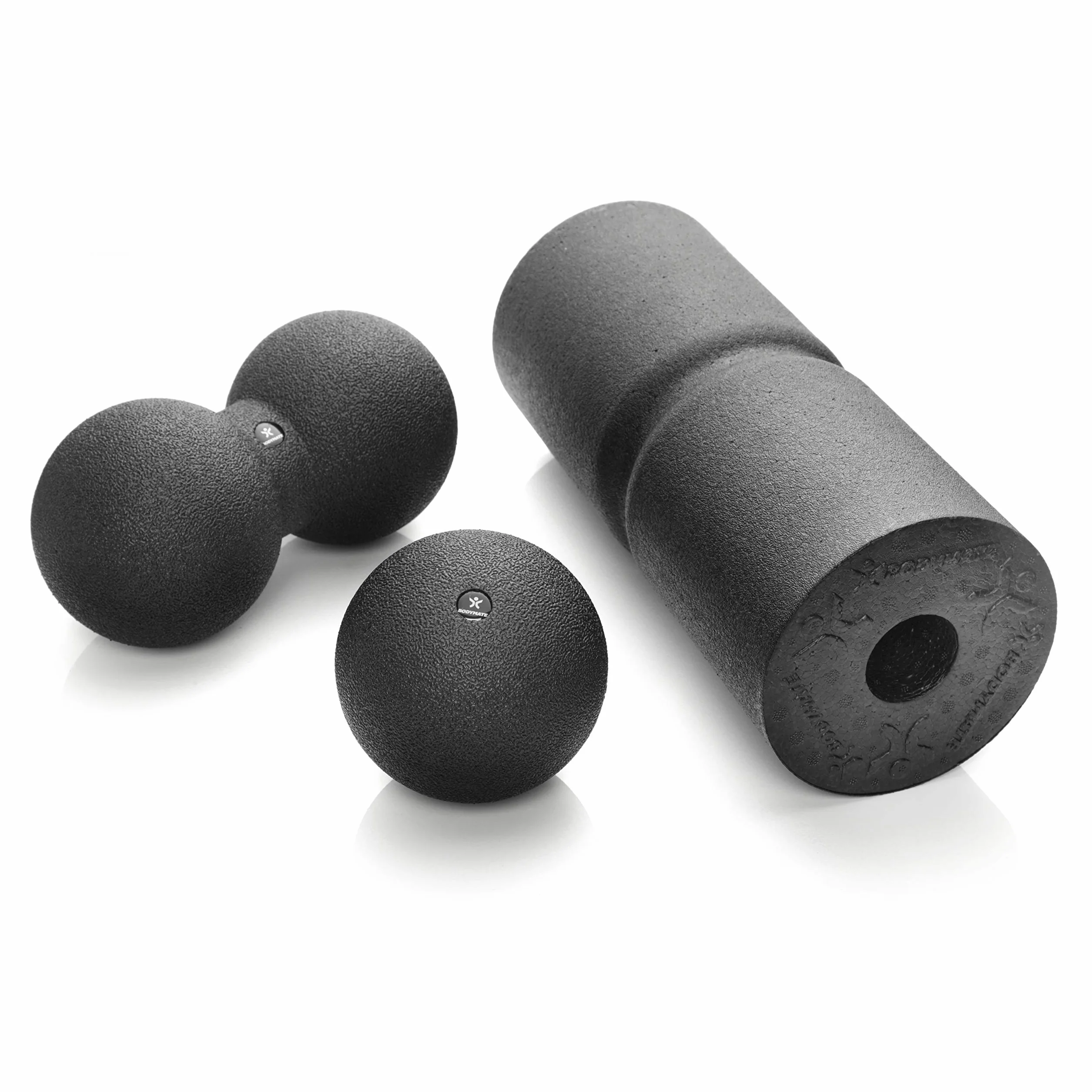 BODYMATE – zestaw do powięzi Care: wałek powięziowy Care 35 x 14 cm średniotwardy z rowkiem dla odciążenia kręgosłupa, piłka pojedyncza 12 cm i piłka podwójna 12 x 24 cm, kolor czarny + e-book