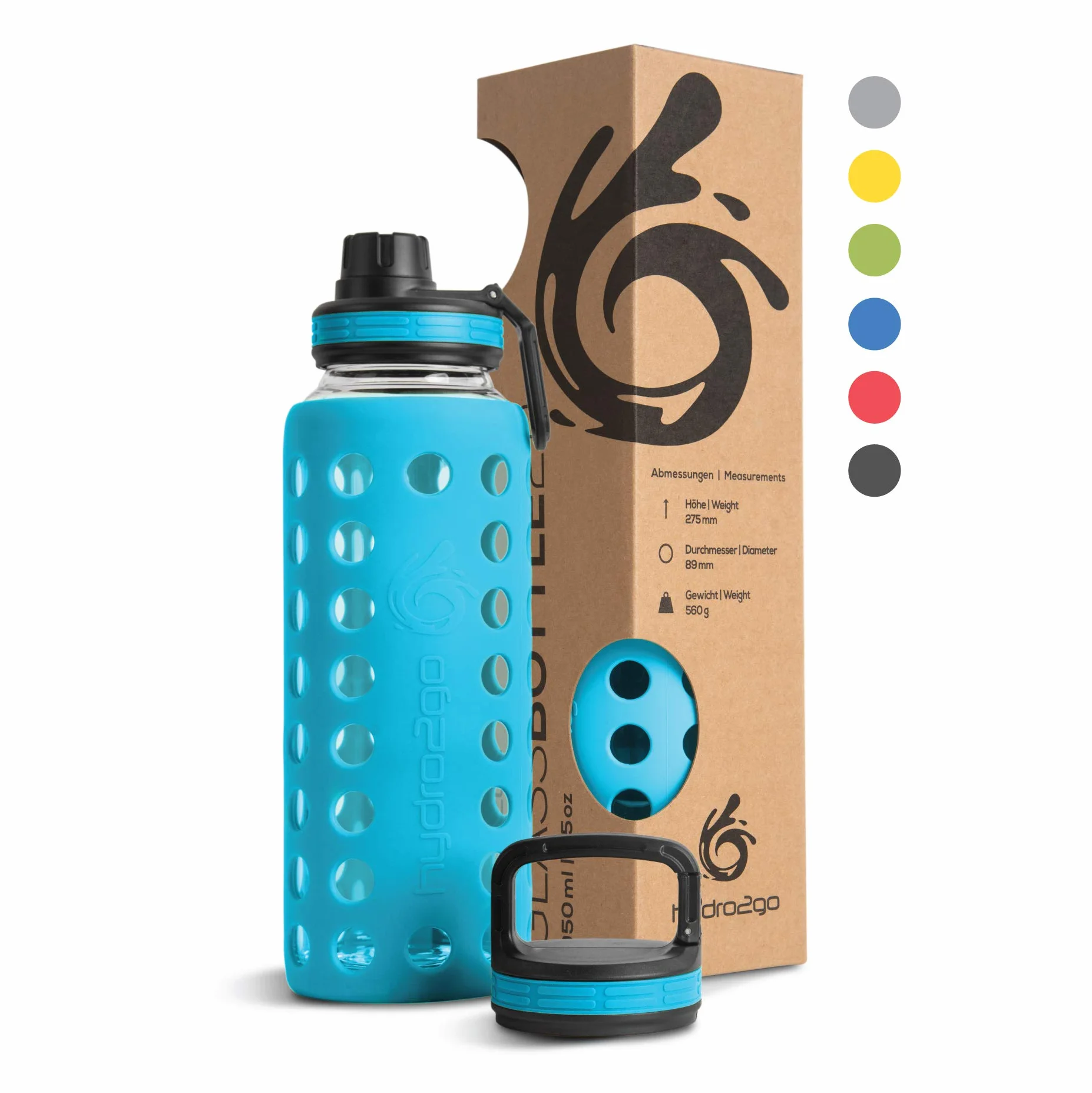 Hydro2go Butelka Szklana 950 ml z Osłoną Silikonową Wodoszczelna Bez BPA 2 Wymienne Nakrętki Coral Blue