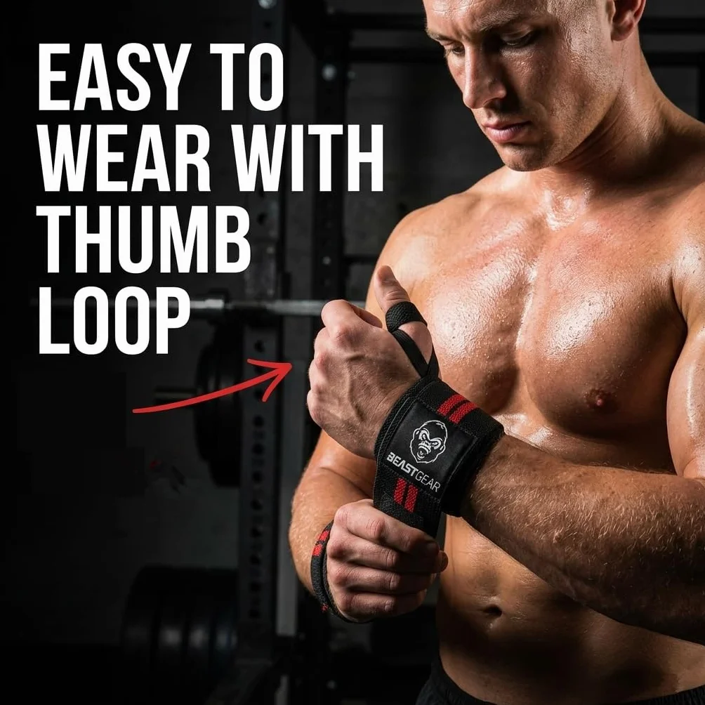 Beast Gear Profesjonalne owijki podtrzymujące nadgarstek do podnoszenia ciężarów, pętla na kciuk i jeden rozmiar dla wszystkich, paski do ćwiczeń na siłowni fitness treningu