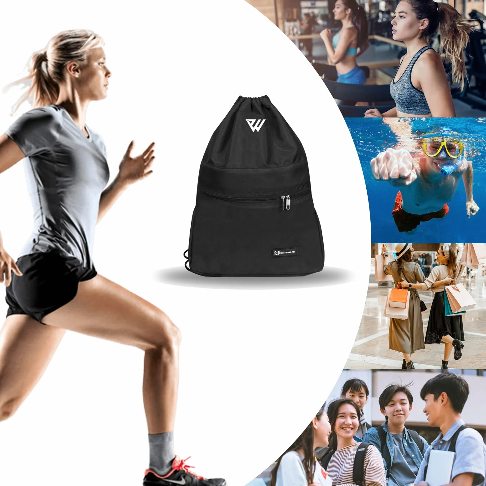 WESTWOOD FOX Torba ze sznurkiem, wodoodporna torba sportowa z tkaniny typu oxford, unisex, duża, sportowy plecak ze sznurkiem, idealna do szkoły, podróży, pływania, wakacji, (Black)