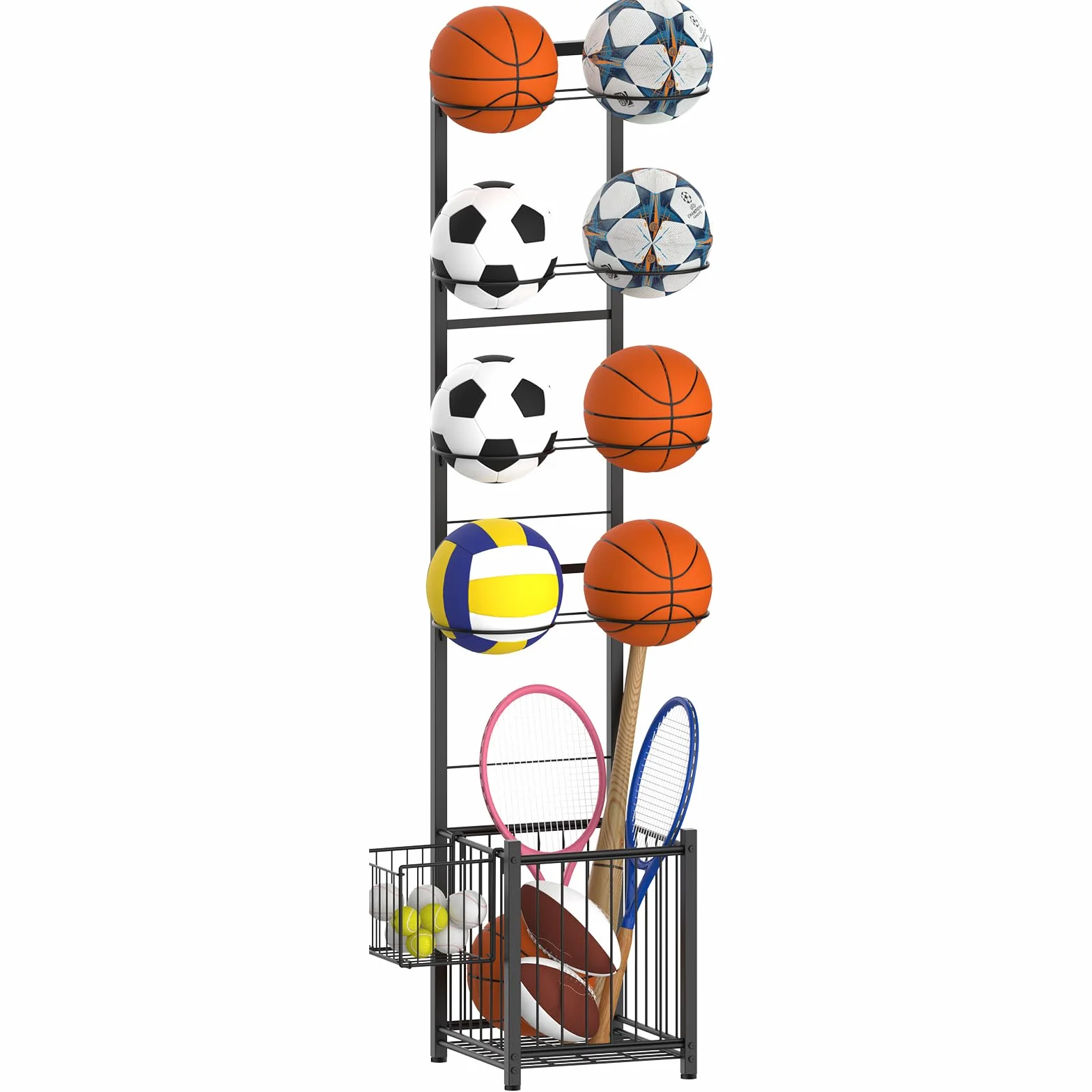 CADUKE Basketball Storage Rack for Garage, 8 Balls Holder for Sports Indoor Outdoor Black