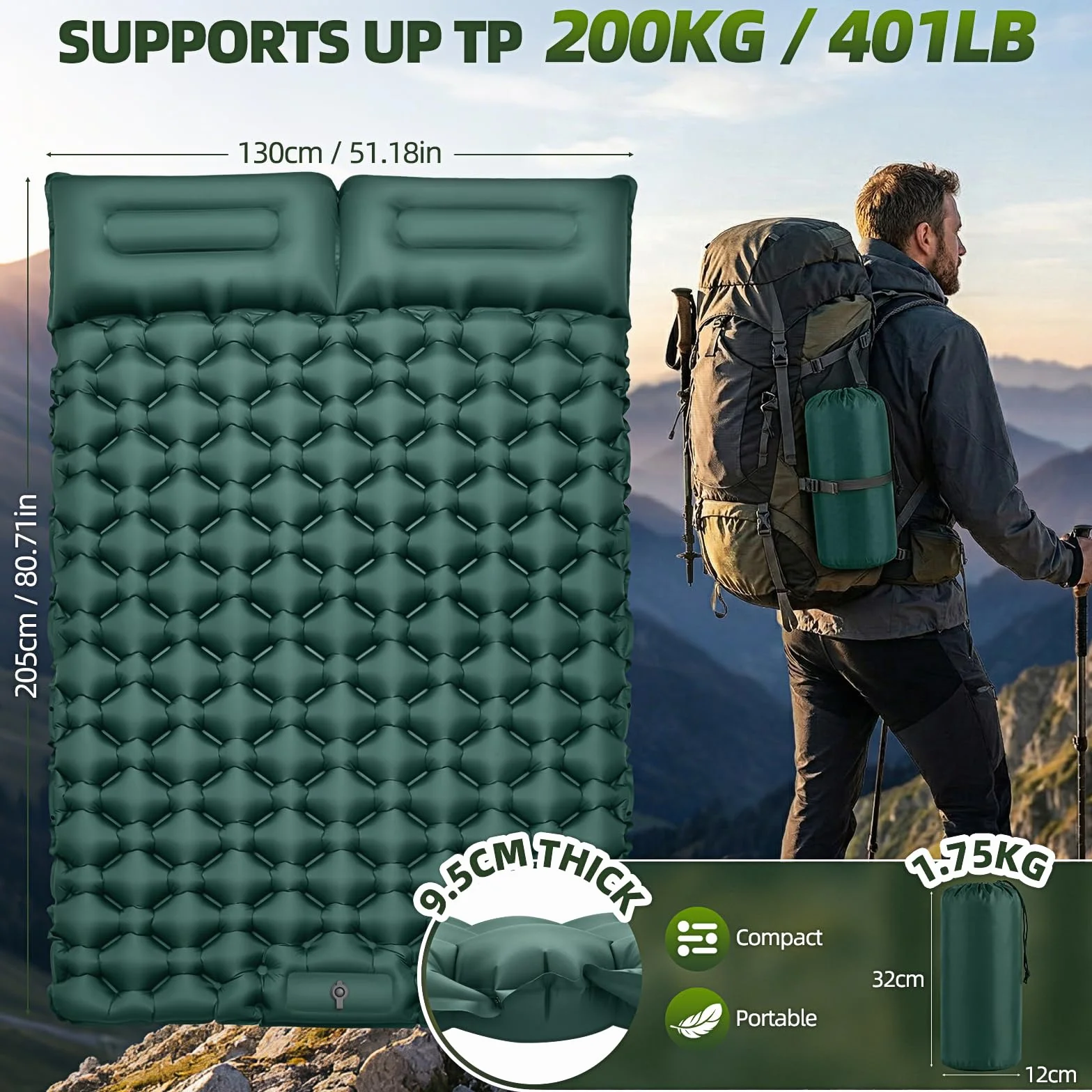 Karimata kempingowa dla 2 osób, 9,5 cm, pogrubiona, 204 x 130 cm, materac dmuchany, podwójny materac powietrzny, nadmuchiwany materac, outdoorowa, wodoszczelna mata kempingowa, mata do spania
