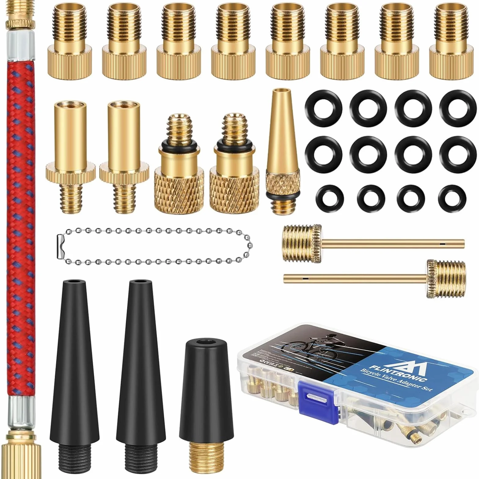 flintronic Adapter do wentyla rowerowego 32 szt., adapter do pompki rowerowej, adapter wentyla rowerowego DV/SV/AV, do sprężarki rowerowej, do pompki kulowej, do pompy powietrza