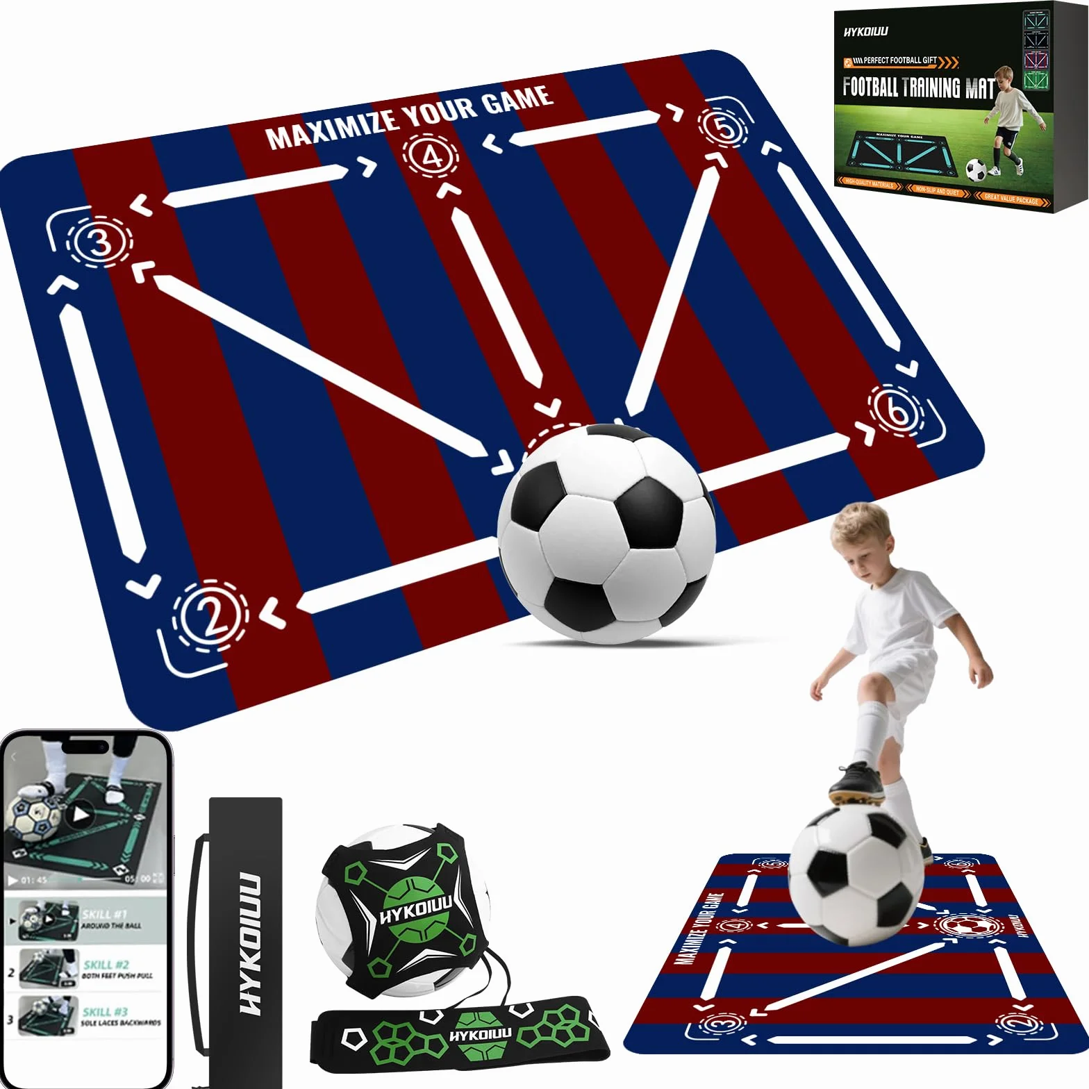 Football Training Mat With Kick Trainer 90 X 60 Cm Football Skills Mat Mastery Footstep Agility Pad To Boost Speed, Strength & Coordination Non-Slip Footbal Mastery For Kids Youth Gifts