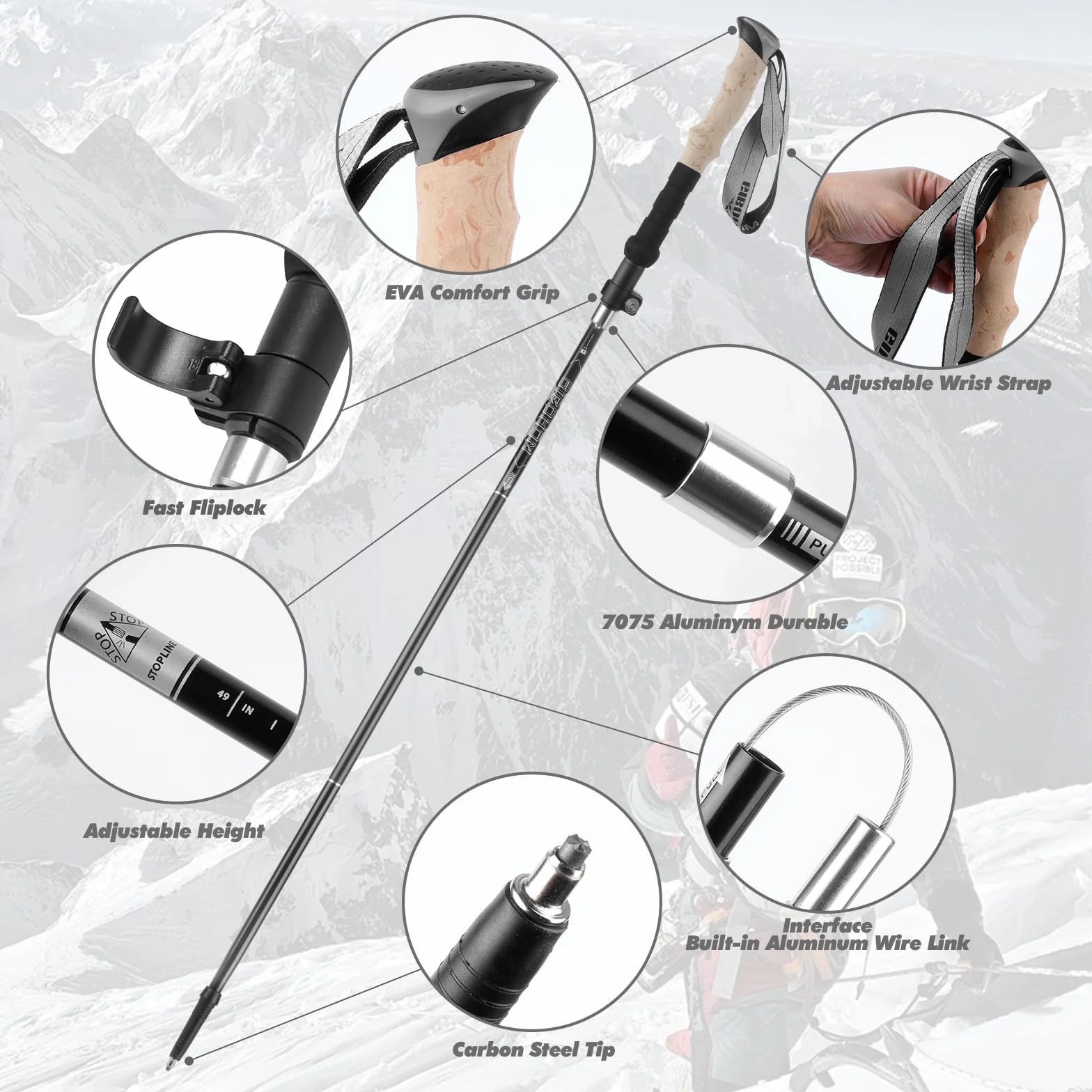 Kije do chodzenia, składane, 105-125 cm, damskie kijki do Nordic Walking, aluminiowe kijki trekkingowe, z 4 parami gumowych zderzaków, do trekkingu i wędrówek