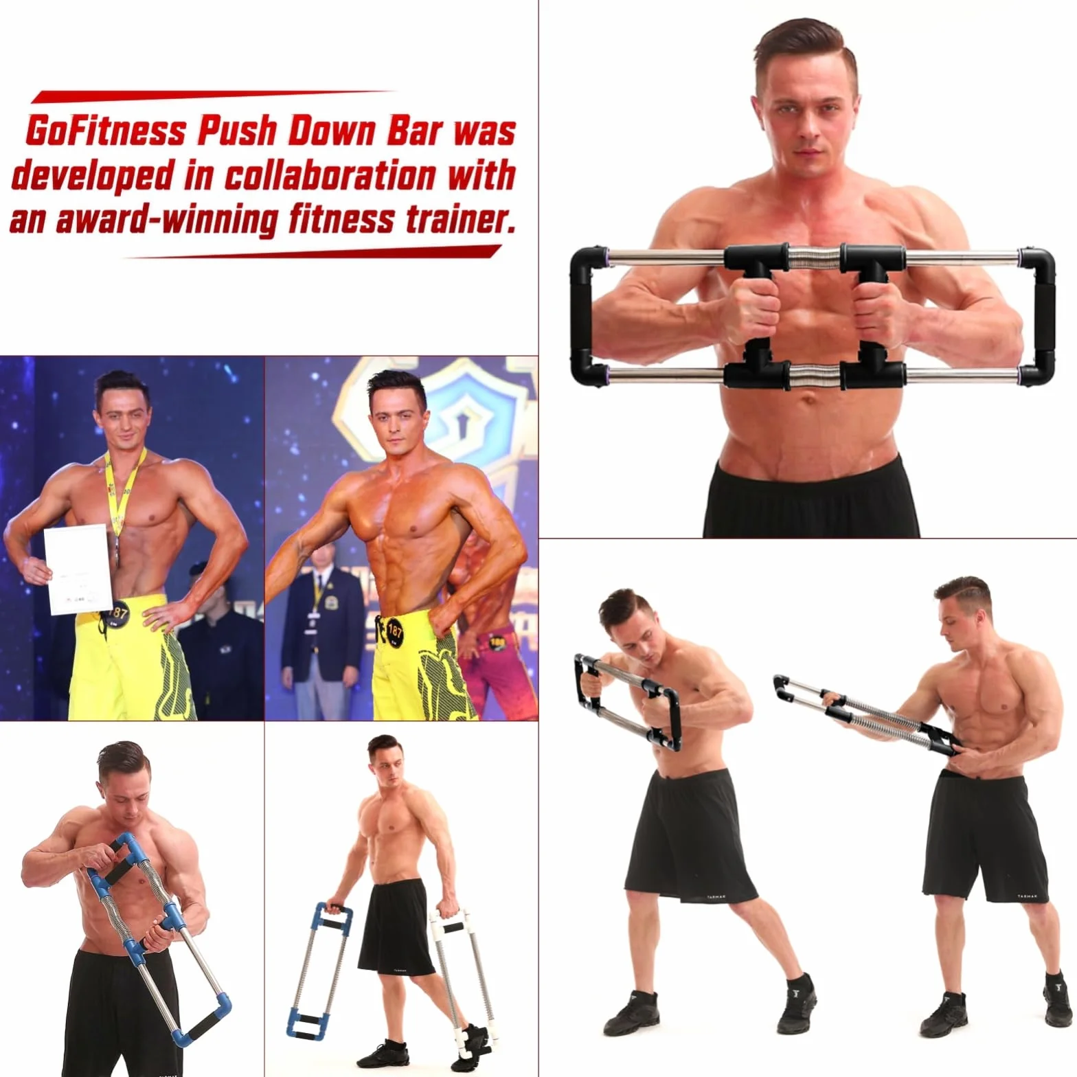 GoFitness Push Down Bar Machine - Ekspander klatki piersiowej, przenośny zestaw do ćwiczeń oporowych