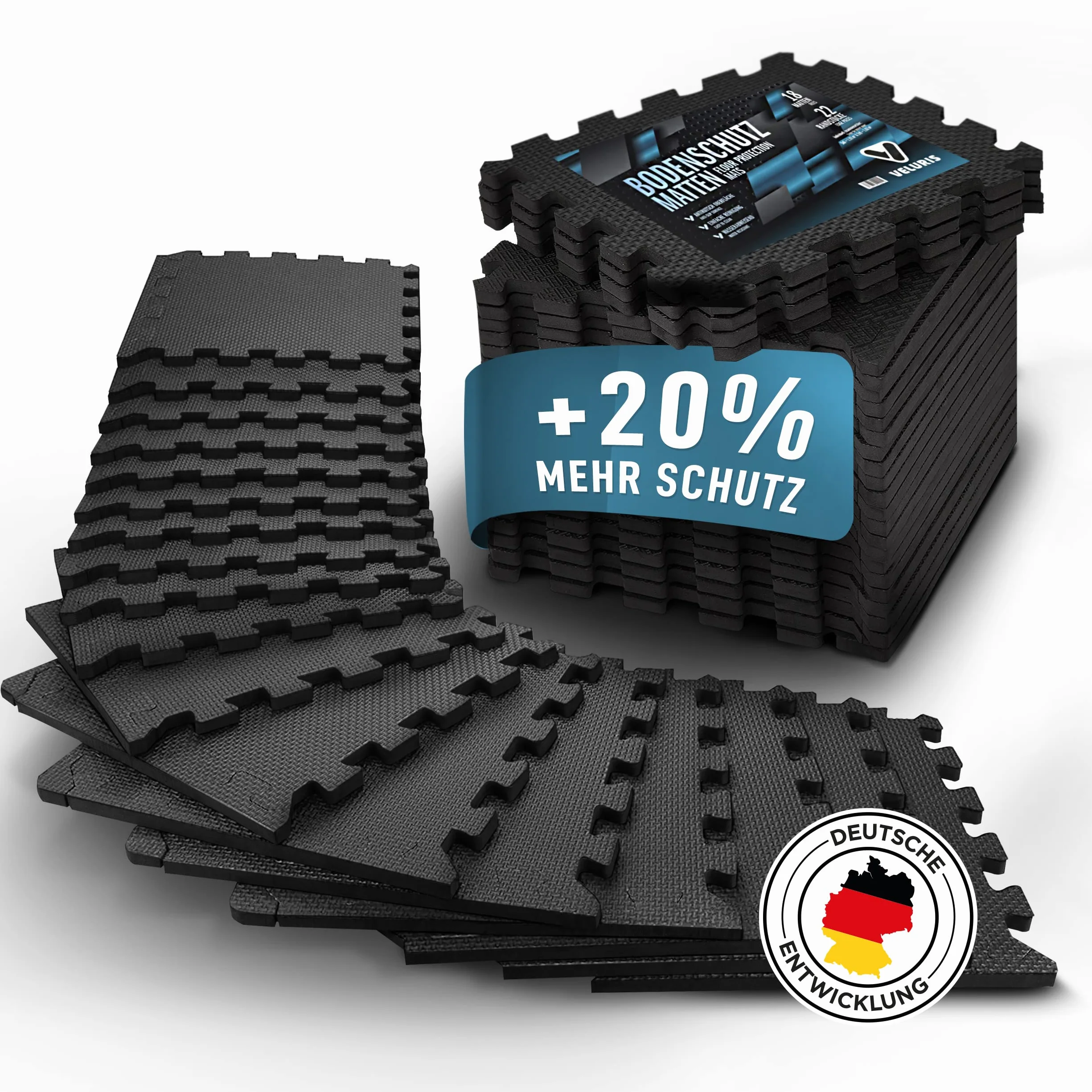 Veluris Mata ochronna podłogowa [31 x 31 cm] – 18 bardzo grubych dywaników podłogowych [20% więcej ochrony] – antypoślizgowa mata ochronna na siłownię, fitness, na podłogę sportową, matę