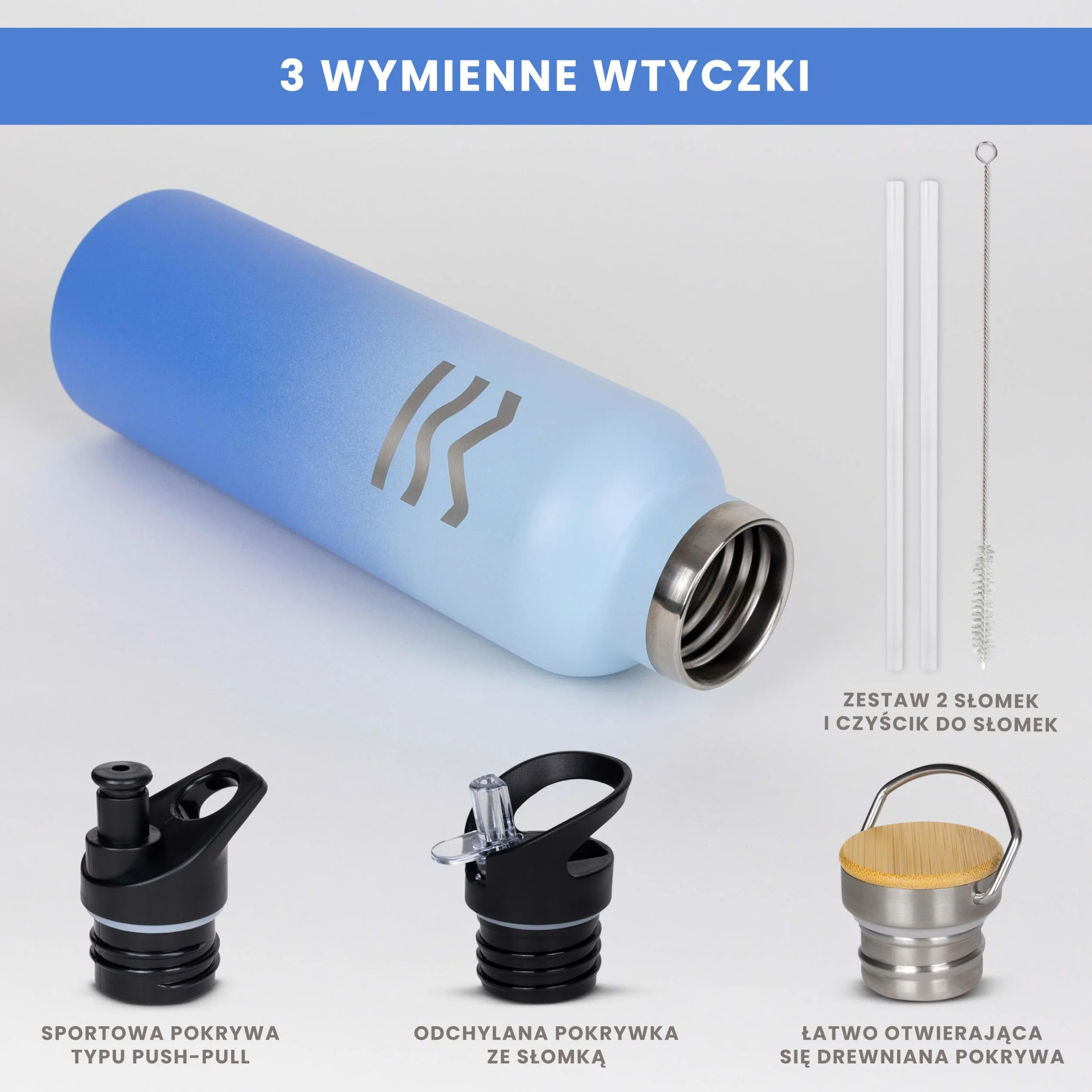 Niebieska Metalowa Butelka na Wodę 750 ml - HUIIKE | Izolowana Butelka z Rurką I 3 Nakrętkami | Stal Nierdzewna, bez BPA | Utrzymuje 12 h Ciepła I 24 h Chłodu, Szczelna I Wielokrotnego Użytku