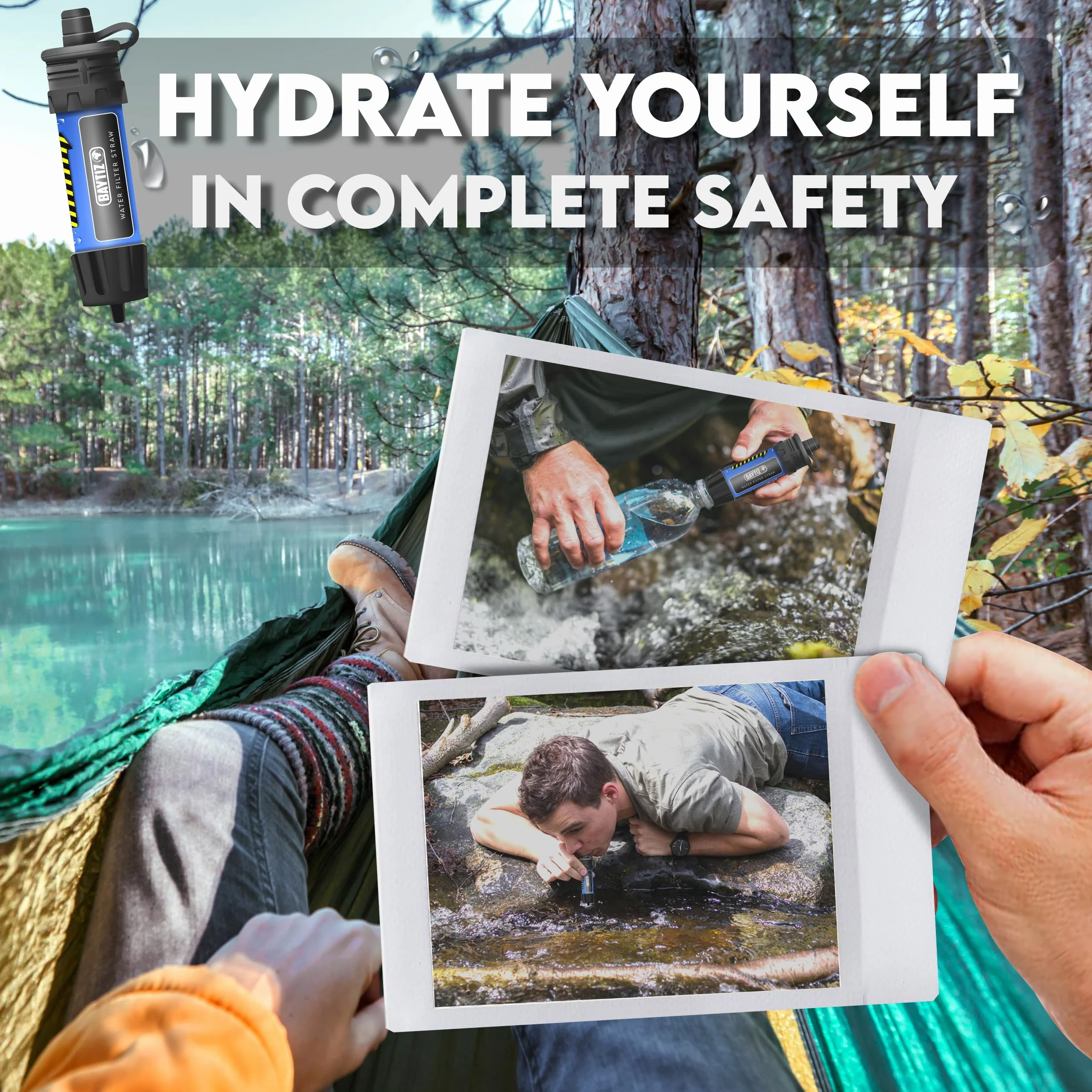 BAYTIZ ® Filtr do wody outdoorowej z butelką wyciskaną – survivalowy filtr wody + butelka na napoje – wyposażenie awaryjne, system filtrowania wody pitnej na kemping, wędrówki, gadżety, filtry wody,