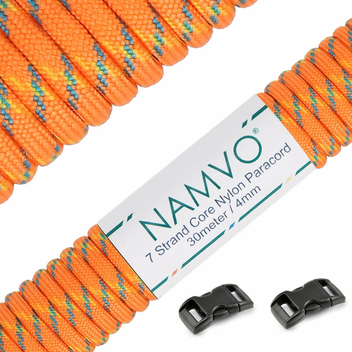 Namvo 550 Paracord Mil Spec Type III 7-żyłowy linka spadochronowa długość całkowita 30,5 m / 30 metrów, pomarańczowo-niebieska żółta kropka