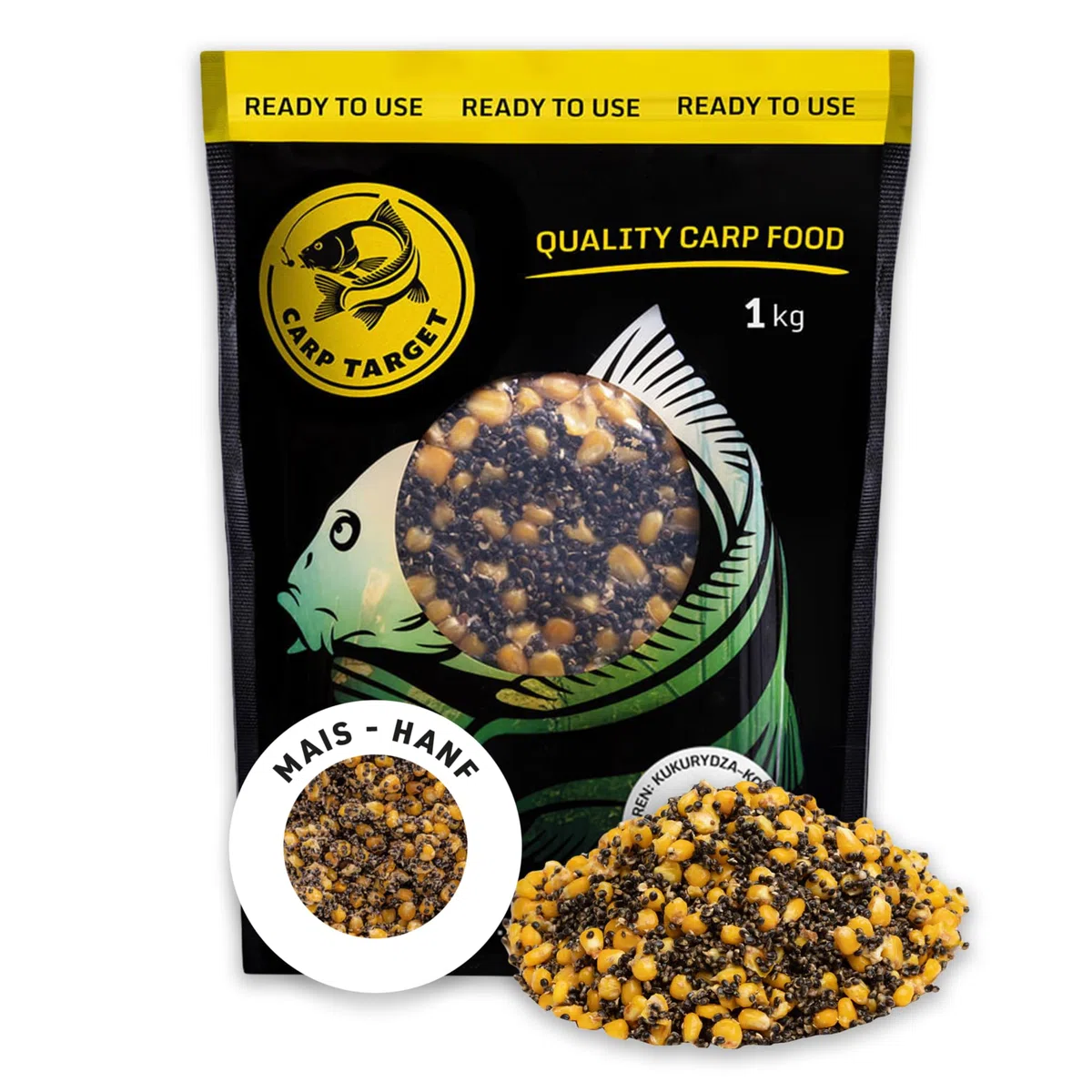 Zanęta wędkarska - kukurydza - konopie - mieszanka cząstek zanętowych 1 kg - gotowana zanęta na karpie i amury - ziarna gotowe do użycia - zapakowano próżniowo