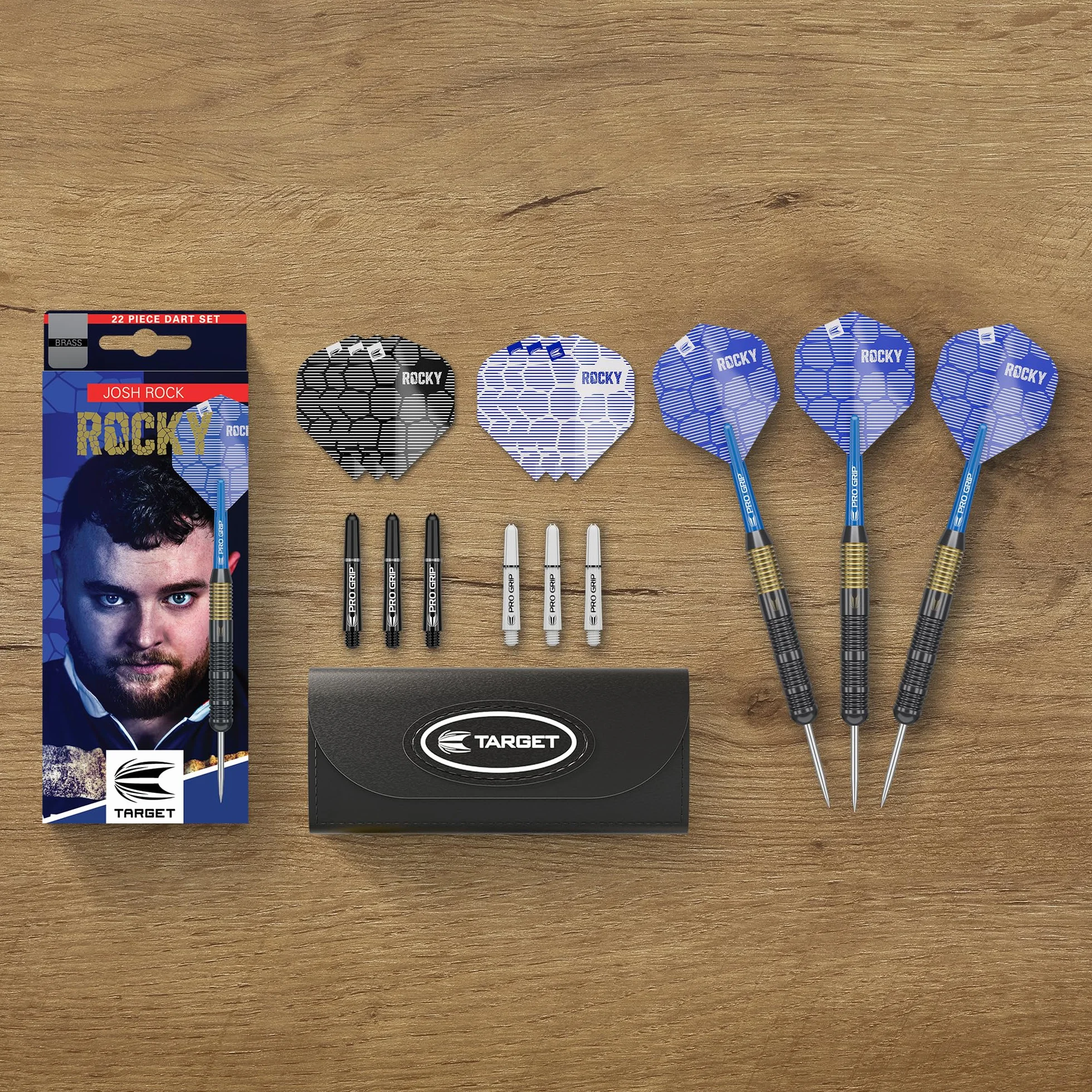 Target Darts Josh Rock Steel Tip Darts, 22G Brass Darts, | Zestaw rzutek Nickel Fixed Point, rzutki dla graczy ze stałymi końcówkami z czarnej stali, profesjonalne akcesoria do rzutek i etui na rzutki