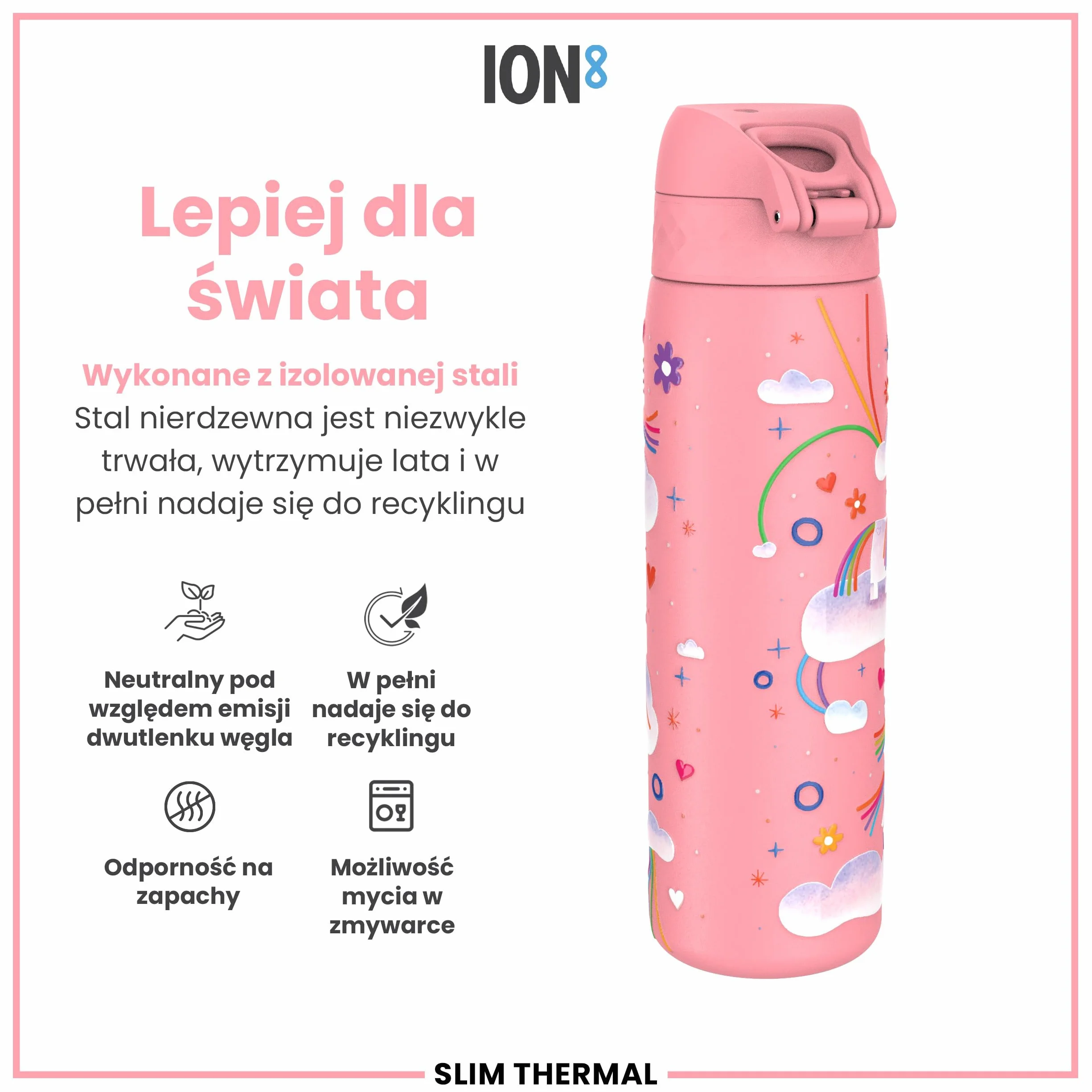 ION8 Termoizolowana Butelka na Wodę ze Stali Nierdzewnej 500 ml, Szczelna, Łatwa w Otwieraniu, Różowe Tęczowe Jednorożce
