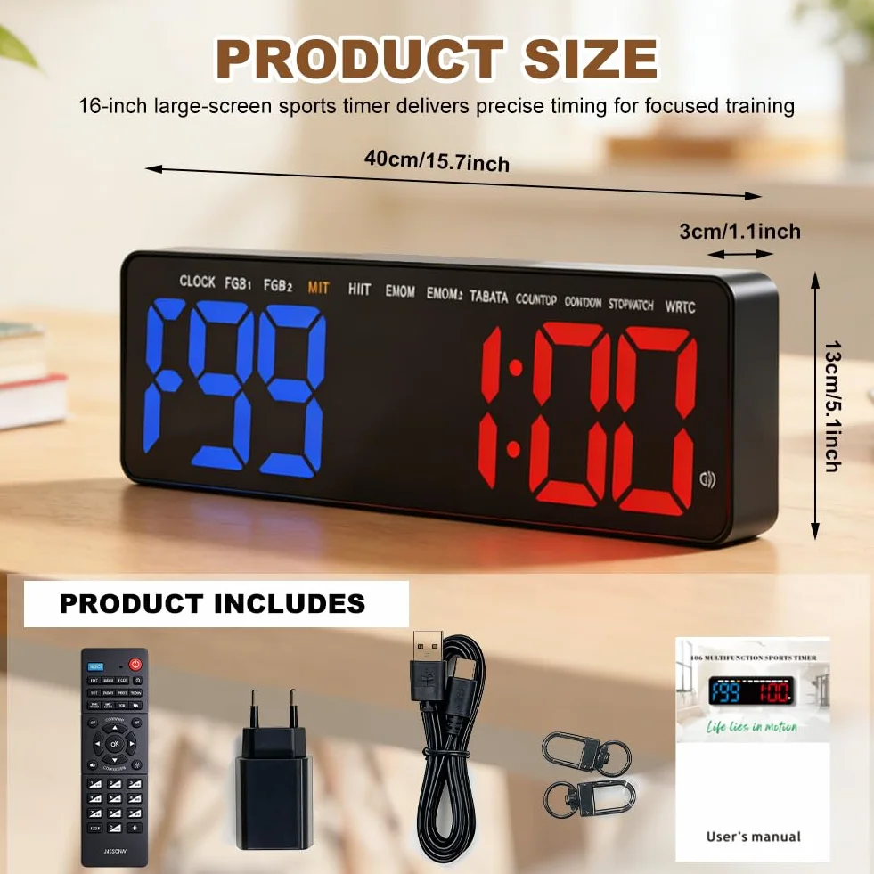 Siłownia timer, timer interwałowy z odliczaniem / up, stoper, duży, 16,5" LED, cyfrowy zegar ścienny do treningu fitness, HIIT, Tabata, domu, garażu
