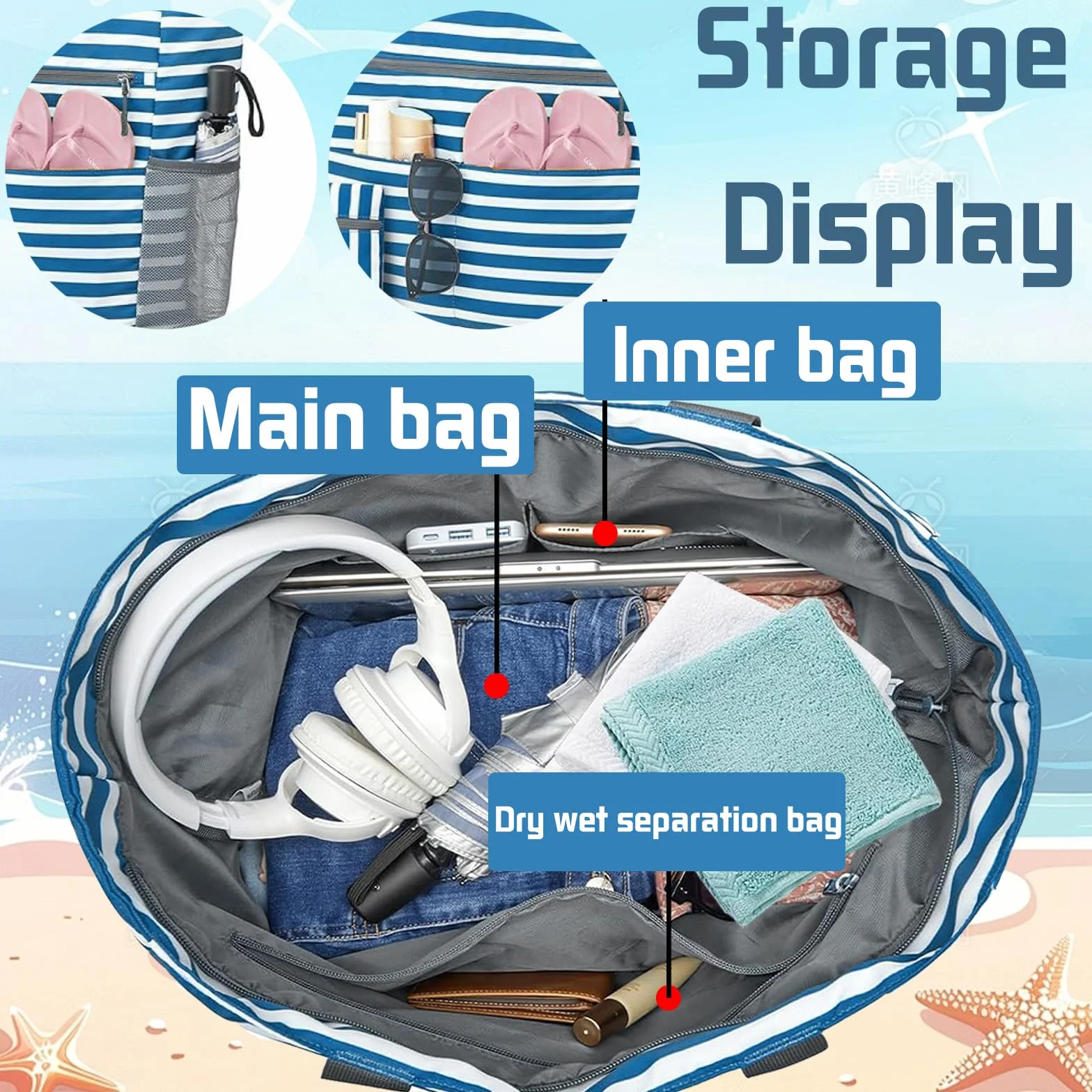 LUKIUP Torba plażowa XL z mini torbą kąpielową, czarna