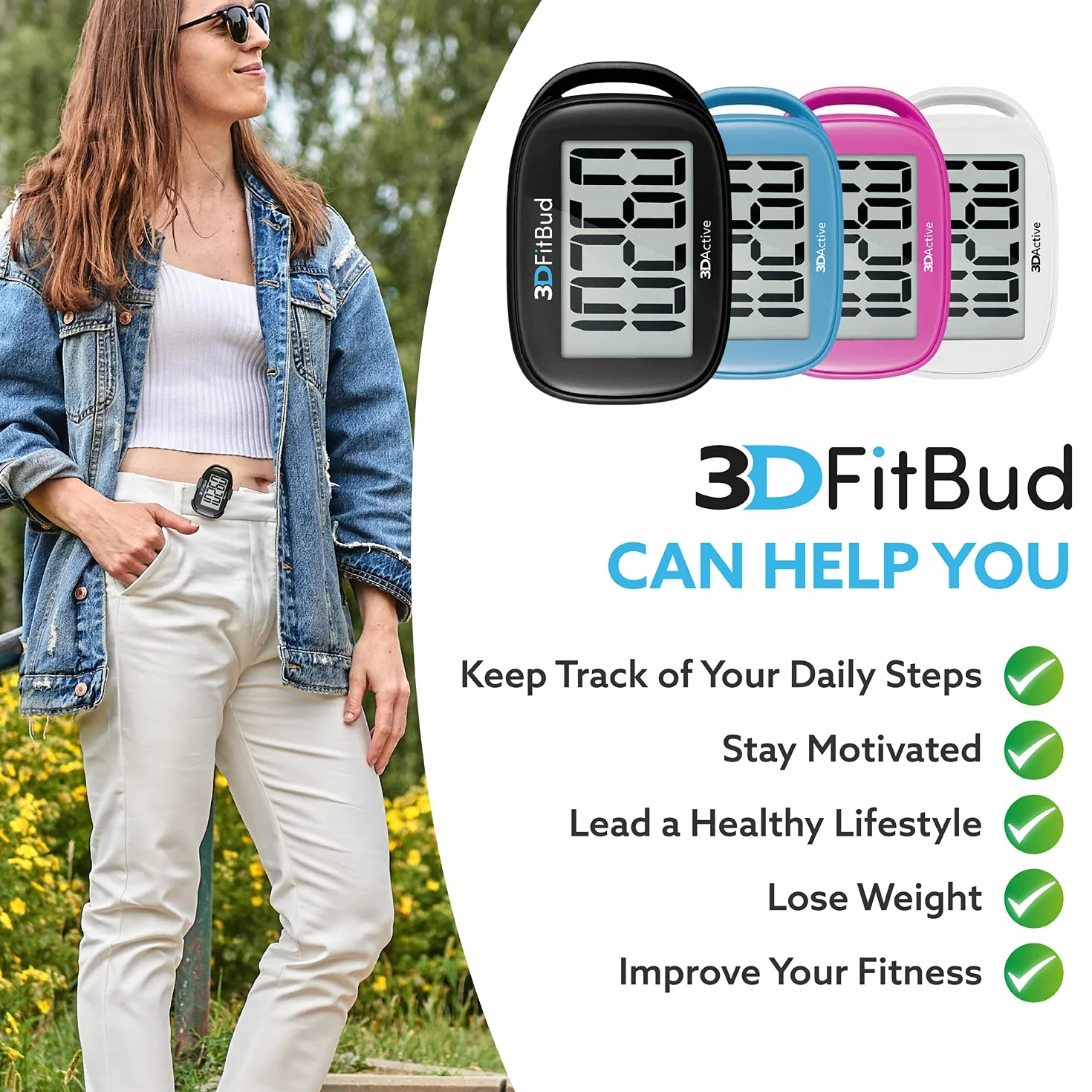 3DActive 3DFitBud Prosty krokomierz 3D klipsem i smycza, licznik kroków, duzy wyswietlacz, latwy uzyciu dzieci, doroslych i seniorów, do sledzenia aktywnosci fizycznej A420S - Czarny