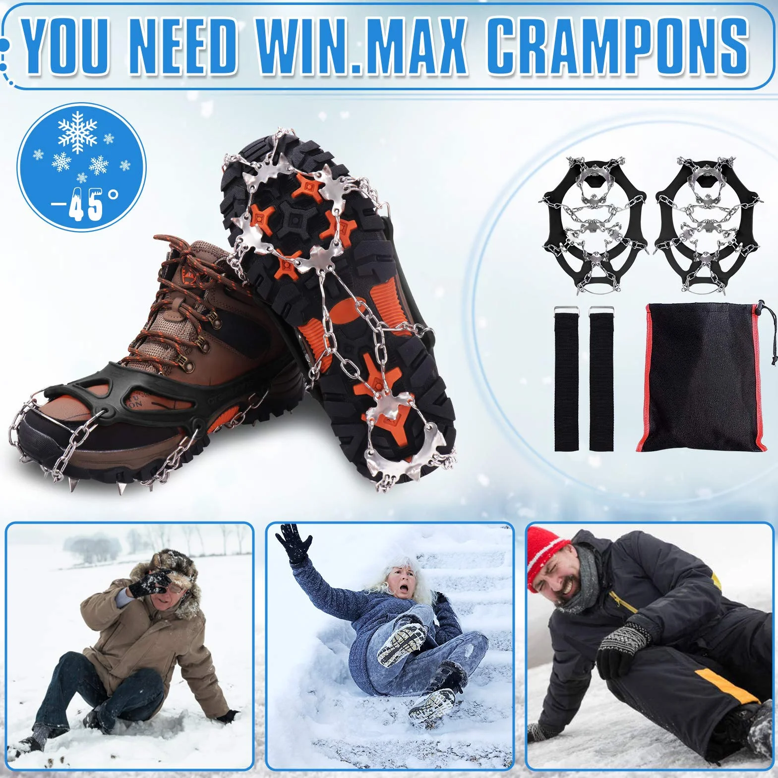 WIN.MAX Raki Grodel kolce lodowe, pazury do butów z 19 zębami ze stali nierdzewnej, kolce do wspinaczki, wspinaczki górskiej, trekkingu, na zimę, do aktywności na świeżym powietrzu