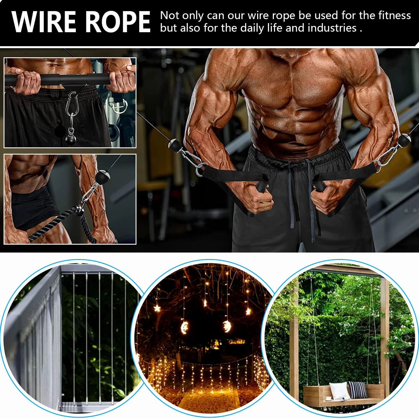 Favuit Stalowy kabel fitness domowa siłownia zapasowe kable koła pasowego wytrzymała lina stalowa do fitnessu 1,5 m/2 m/2,5 m / 2,5 m system kabli LAT rozwijane akcesoria do bicepsów tricepsów siła