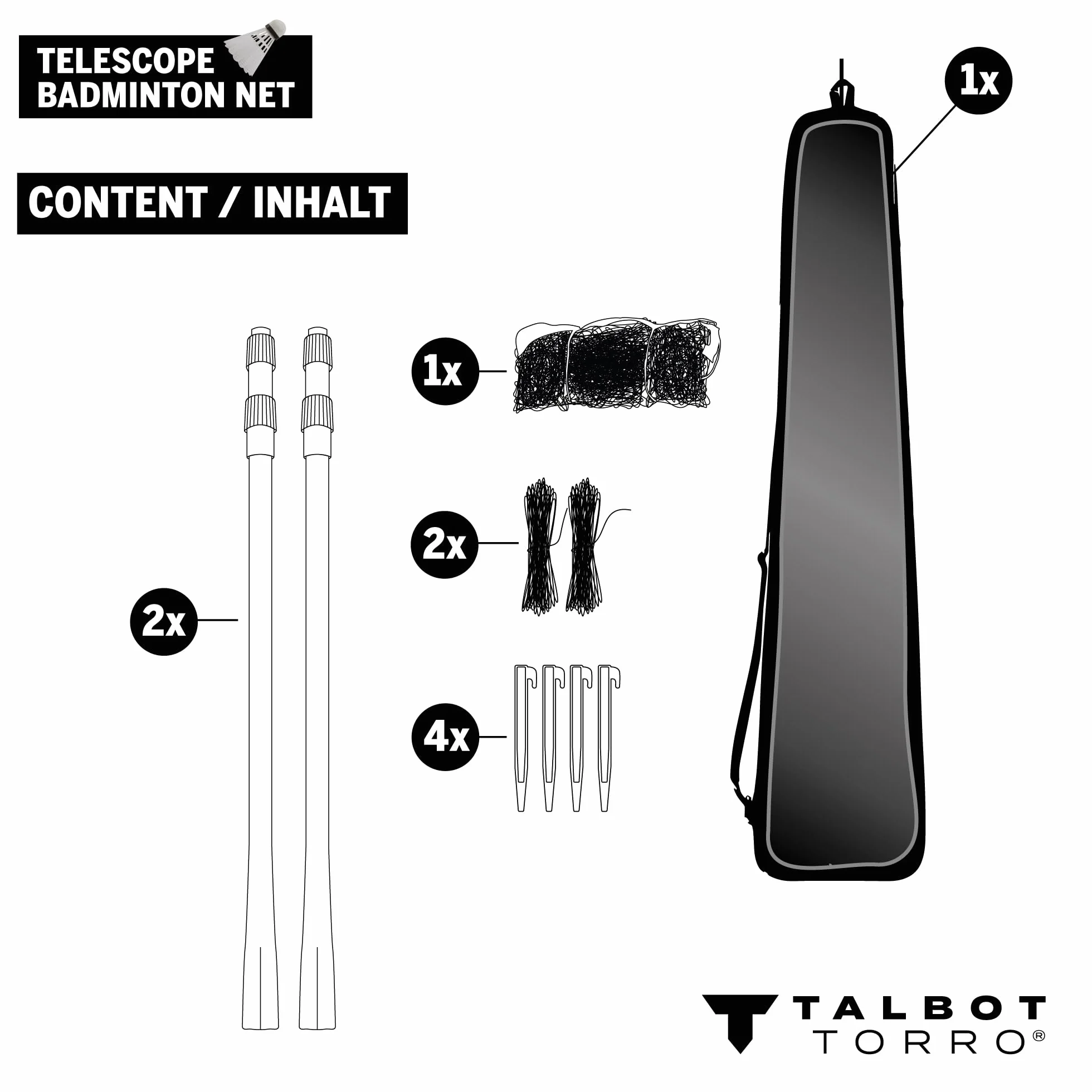 Talbot-Torro 449599 teleskopowa siatka do badmintona, regulacja wysokości: 1,25-1,55 m, szerokość 6,10 m, w torbie, 449599