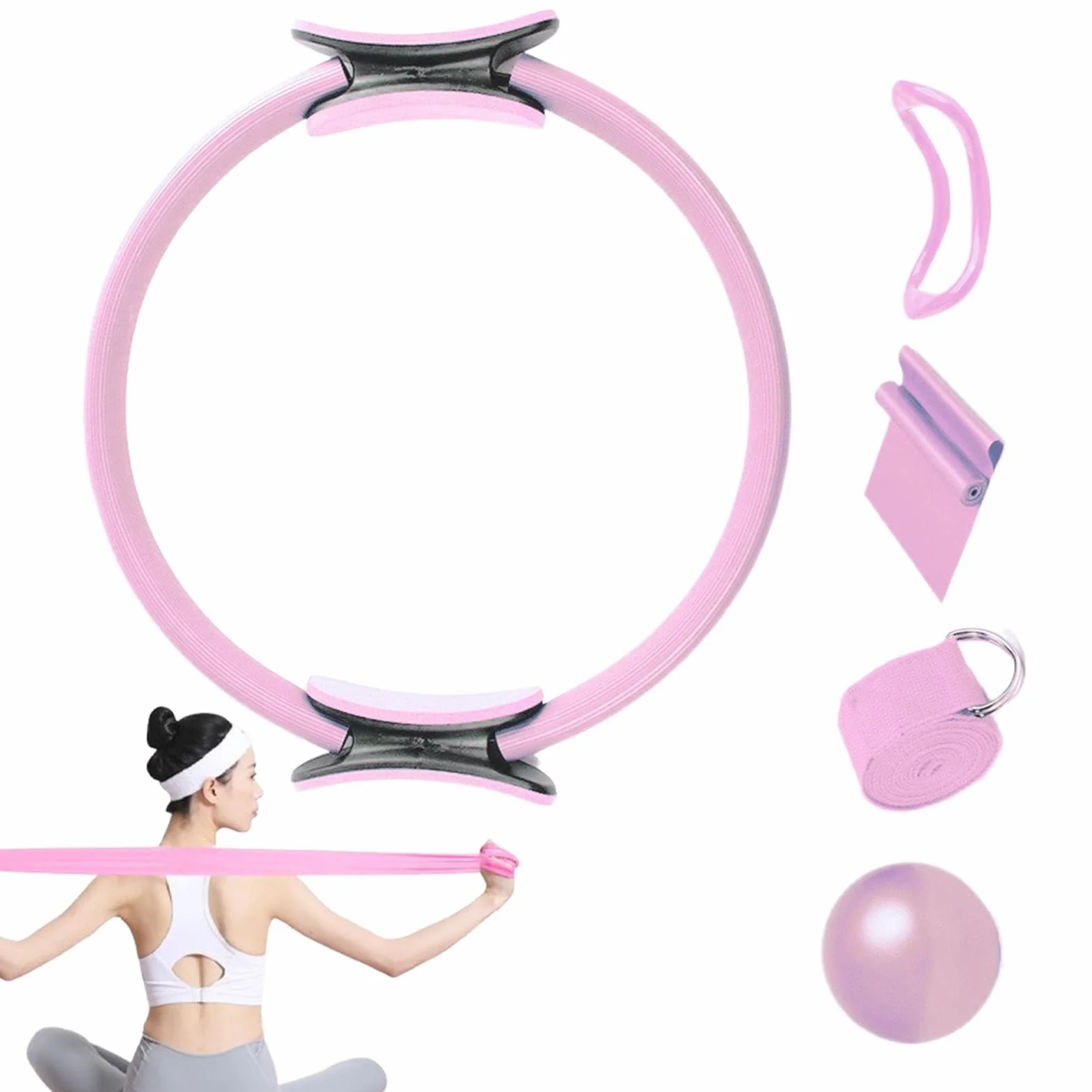 Pilates Ring for Women, zestaw do pilatesu domowego, PILATES RING BAND ODPORNOŚĆ Zespół | 5x akcesoria do siłowni domowej, sprzęt treningowy rozciągający opaski do jogi, sprzęt dla kobiet