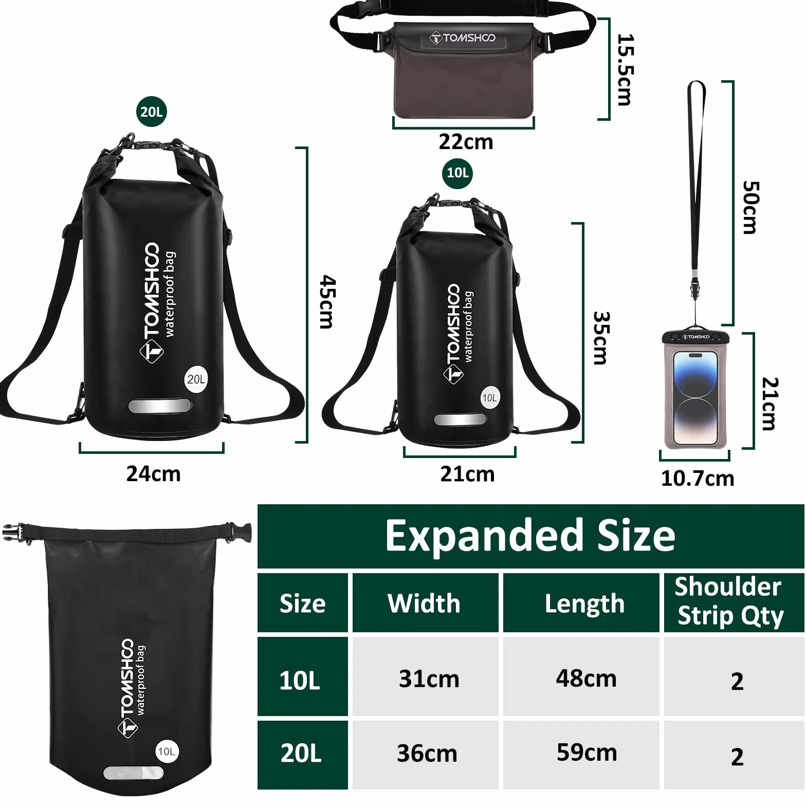 TOMSHOO Dry Bag Set, Wodoodporny Plecak 10L/20L z Wodoodpornym Pokrowcem i Kieszeń na Telefon Komórkowy, Regulowany Pasek na Ramię, Wodoodporny Plecak na Spływy Kajakowe, 20L, Czarny