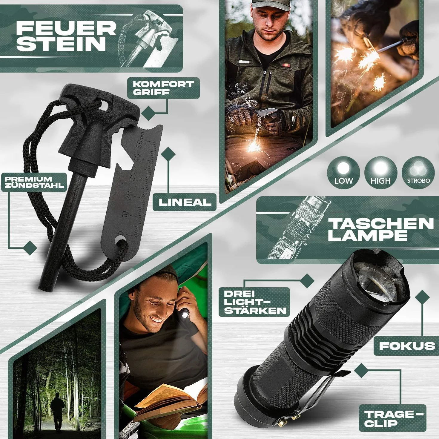 Jungle Monkey® Zestaw survivalowy – zestaw premium 17 w 1 z nożem i latarką – wyposażenie outdoorowe na wędrówki i kemping – zestaw survivalowy – wyposażenie ratunkowe w sytuacjach awaryjnych