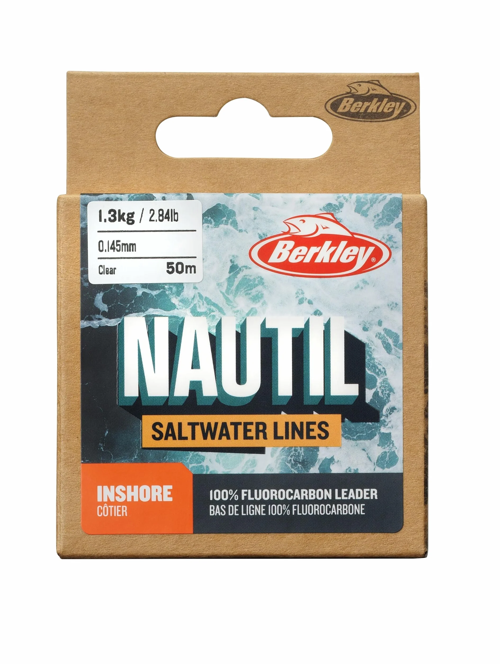 Berkley Nautil Inshore Fluorocarbon | Wytrzymały i odporny na ścieranie przypon wędkarski | Linka fluorocarbonowa do wody słonej i słodkiej z łatwą w użyciu szpulą | 0,22 mm | 3,5 kg | 50 m