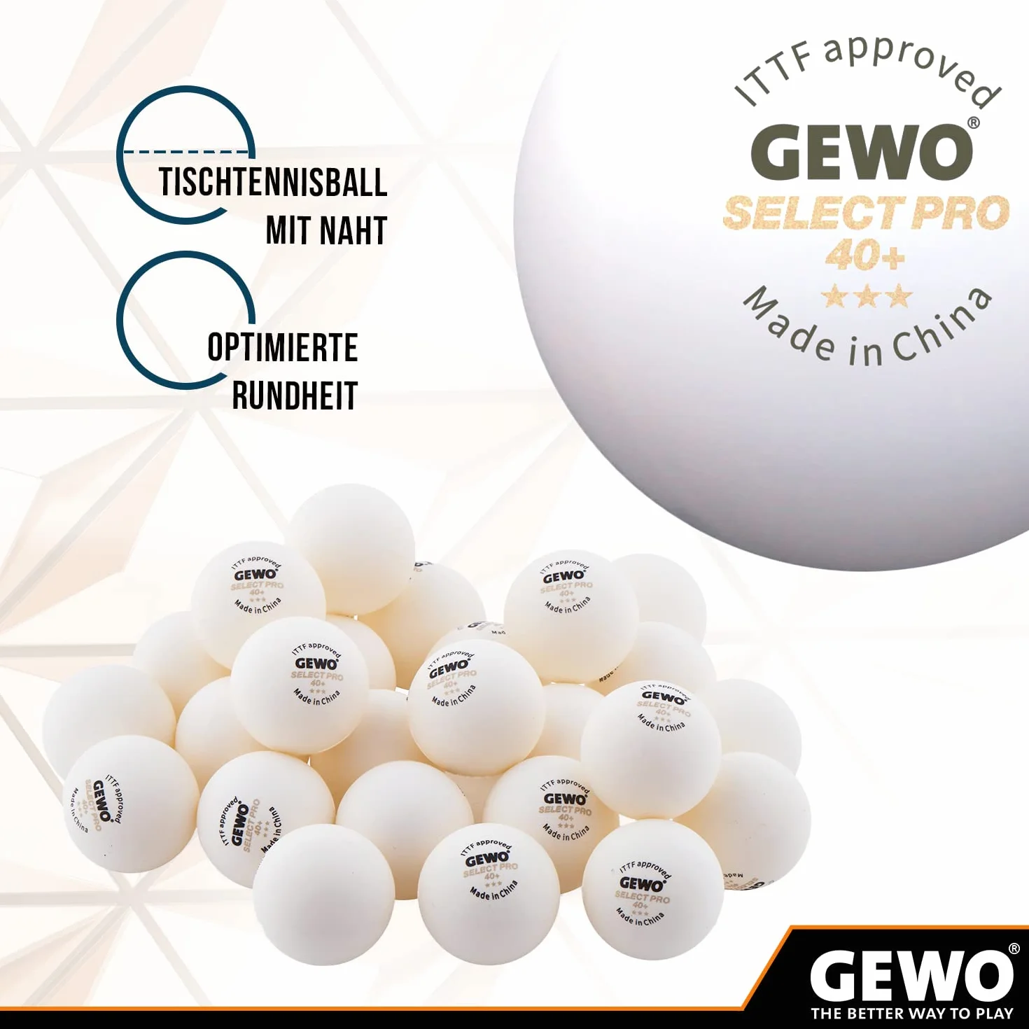 GEWO Select PRO piłki do tenisa stołowego – 3 gwiazdki z tworzywa sztucznego, 40+ ze szwem – certyfikowane przez ITTF piłki do tenisa stołowego – wysokiej jakości profesjonalne piłki do tenisa