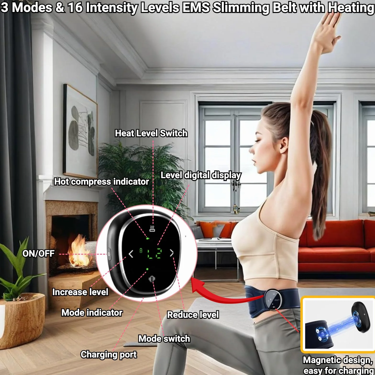 Podgrzewany stymulator mięśni brzucha EMS 3 tryby 16 poziomów regulowany trener z wyświetlaczem cyfrowym pas tonujący 43,3 cala