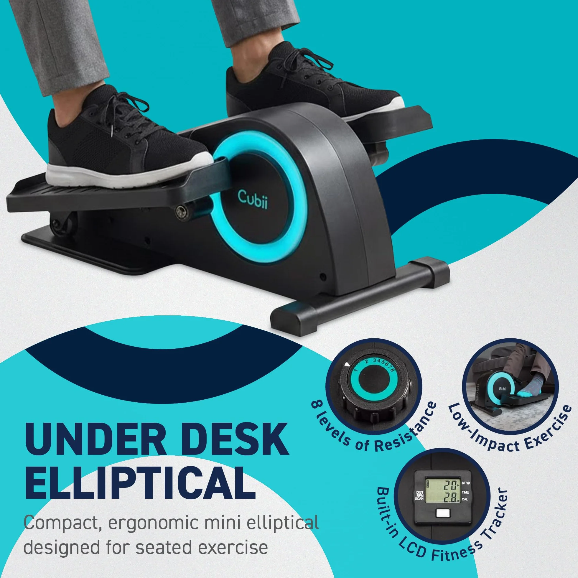 Cubii Junior Under Desk Elliptical Pedal Exerciser with Built In Display, Adjustable Resistance