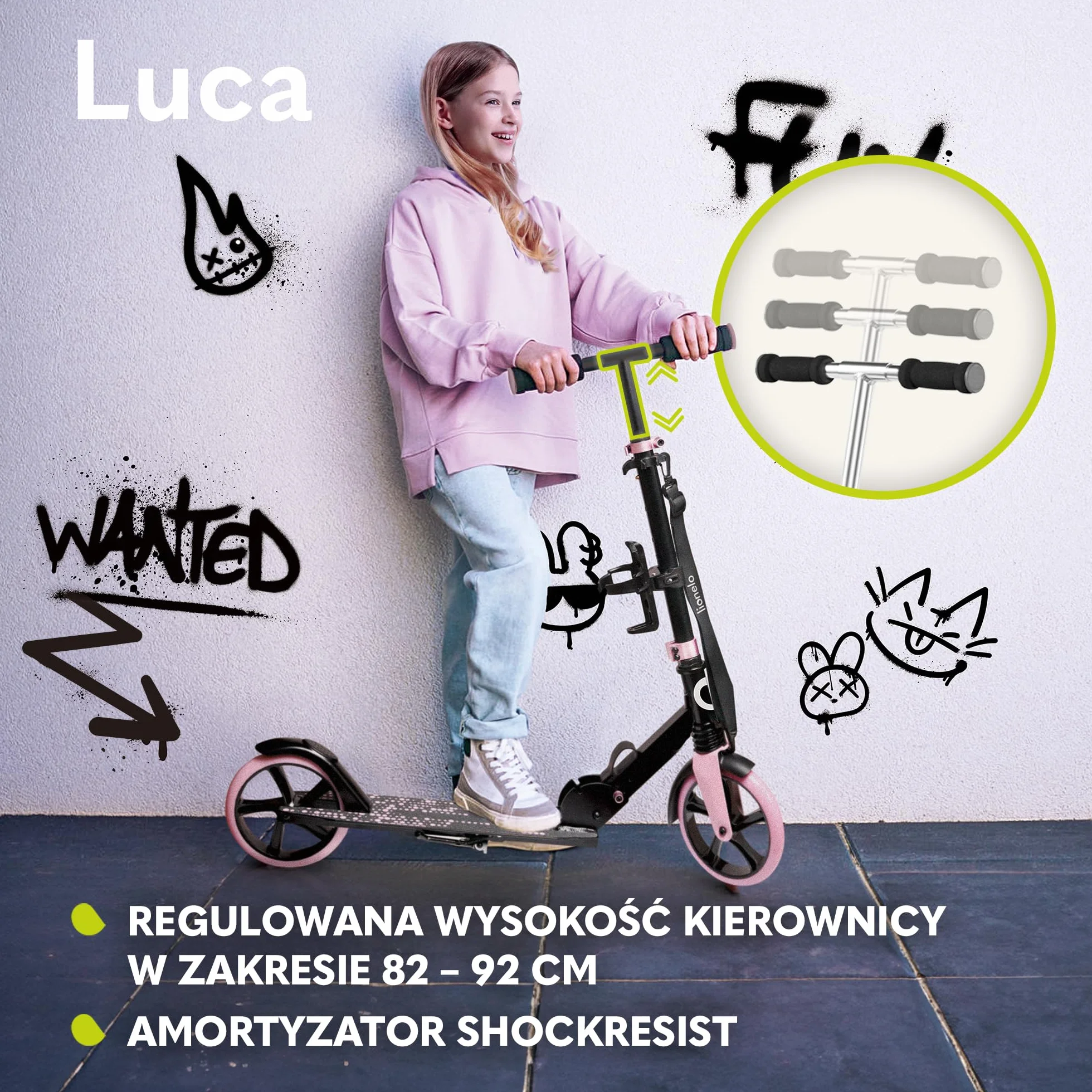 Lionelo Luca hulajnoga do 100 kg, lekka wytrzymała, składana konstrukcja, amortyzator, duże koła, regulowana wysokość kierownicy, antypoślizgowy podest, amortyzacja ShockResist
