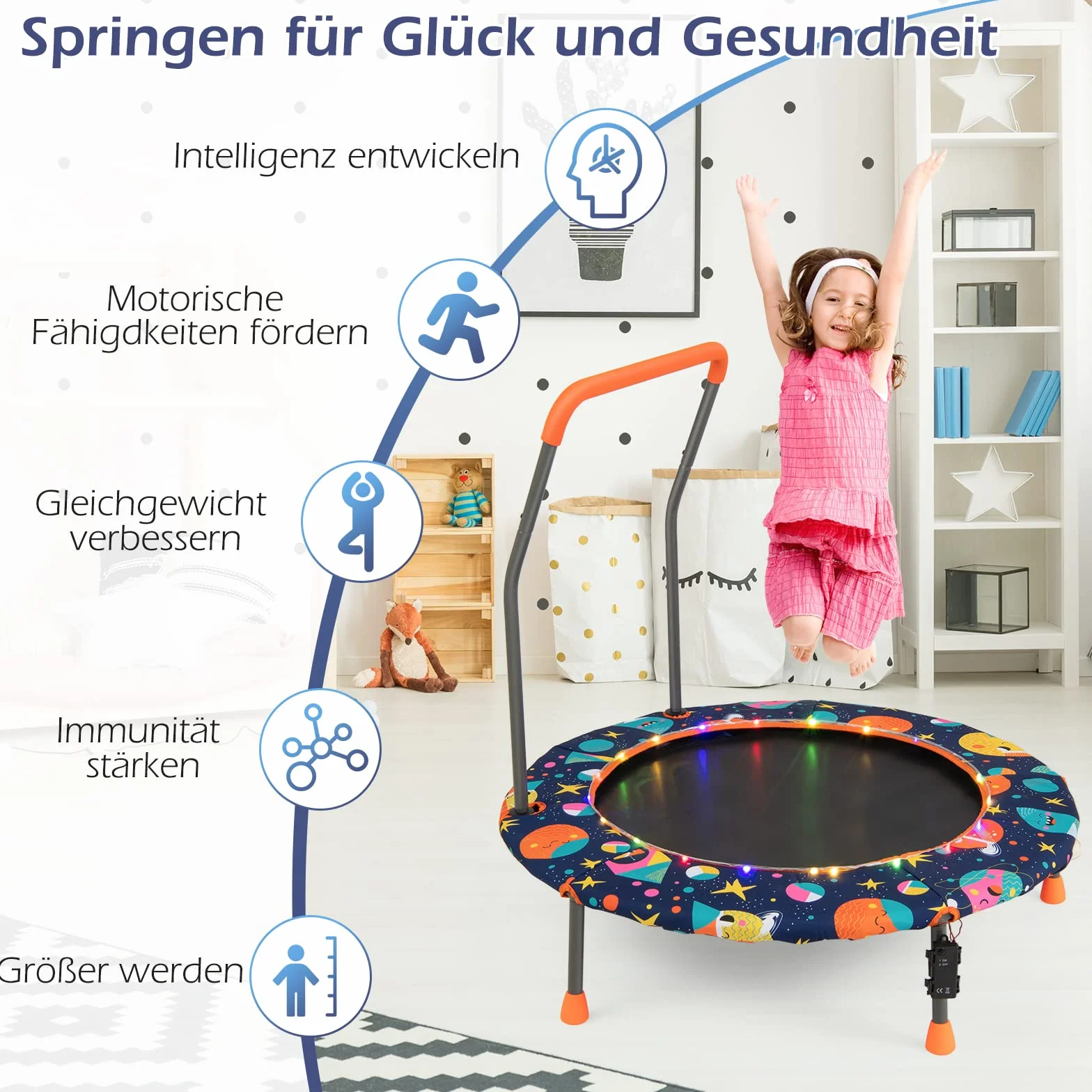 COSTWAY Trampolina dla dzieci 92 cm z oświetleniem LED, uchwyt bezpieczeństwa, obciążenie 25 kg