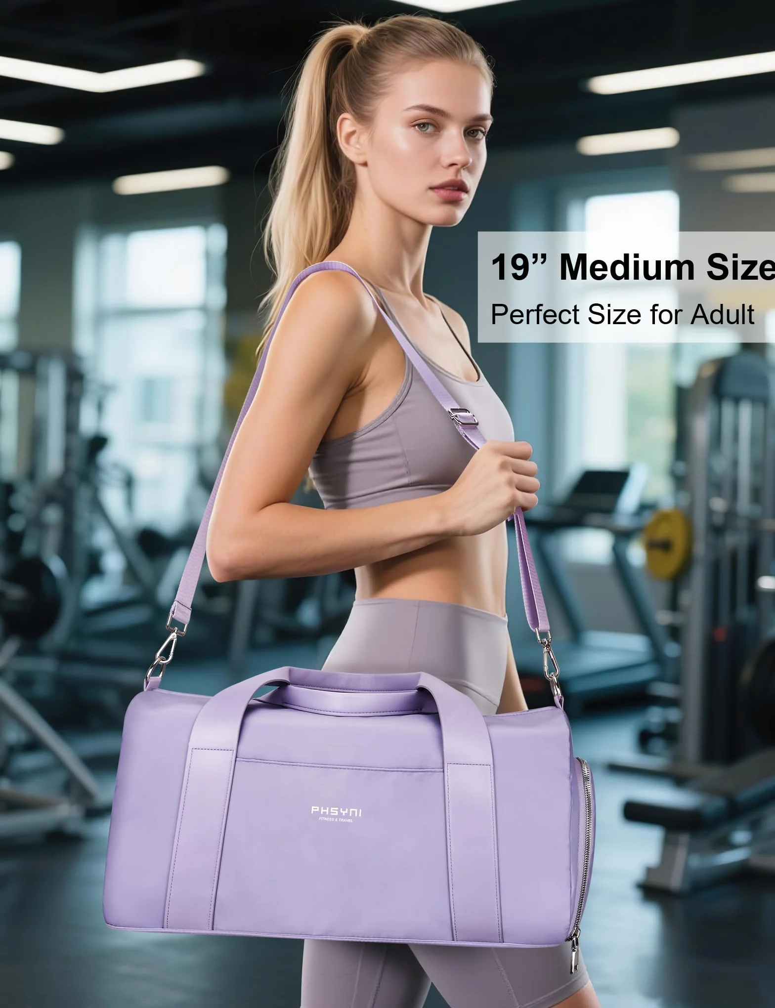 Torba Sportowa dla Kobiet z Rękojeścią ze Skóry Ekologicznej, Oddzielną Przegrodą na Buty, Wodoodporną Kieszenią – Fioletowy, 49x20x25 CM, 25L