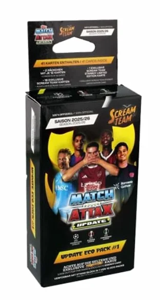 Topps Match Attax Liga Mistrzów 2025/26, aktualizacja ECO Pack #1 "Scream Team", 2 opakowania kart + 1 opakowanie specjalne, ekskluzywne karty kolekcjonerskie i limitowane karty - w zestawie