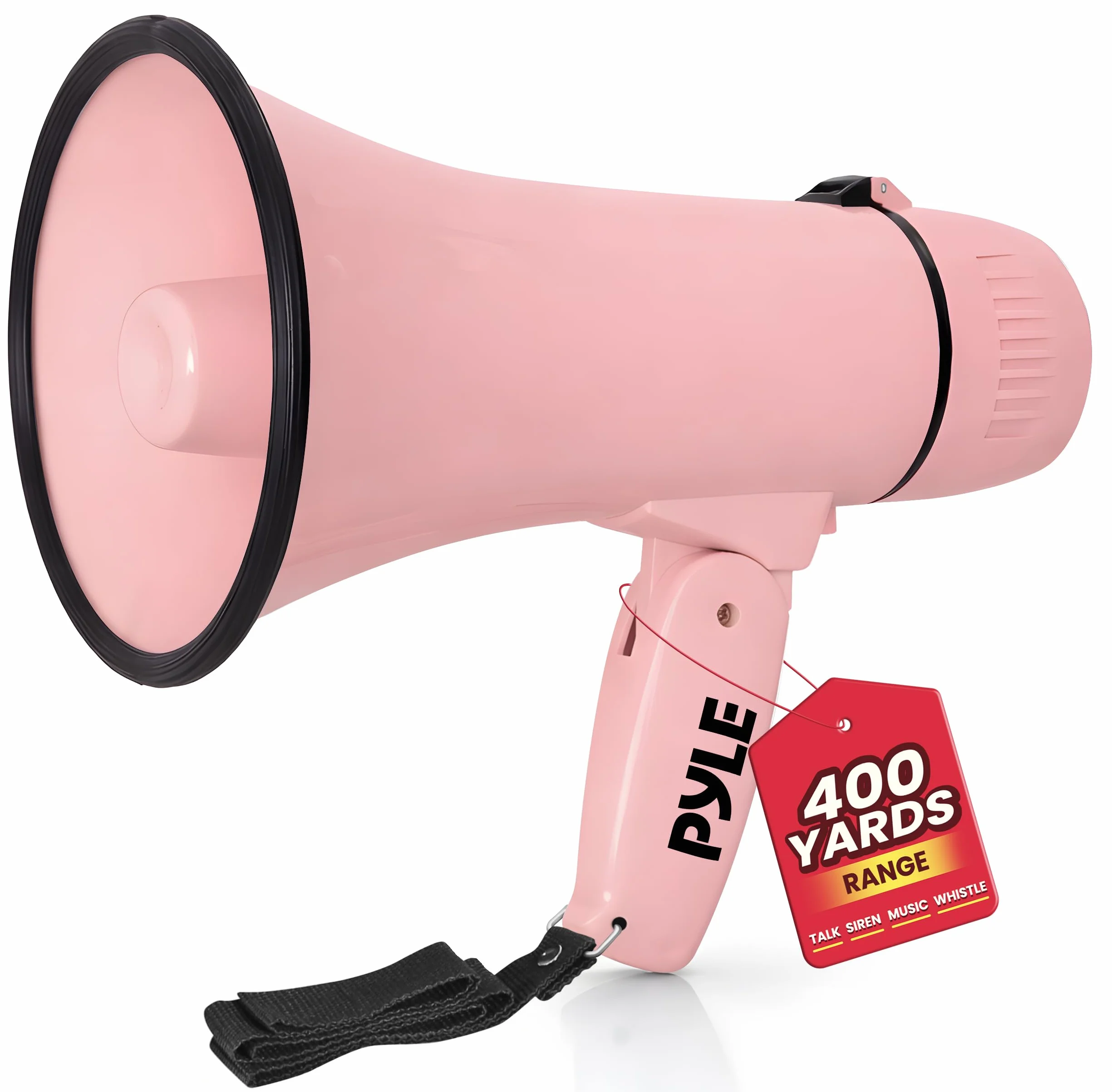 Pyle 20W Megaphone Bullhorn - Portable, Automatic Siren & Adjustable Volume,Projection Range Up to 400 Square Yards, Aux Input, Talk, Siren, Music, Whistle, & Record, Shoulder Strap (Pink)